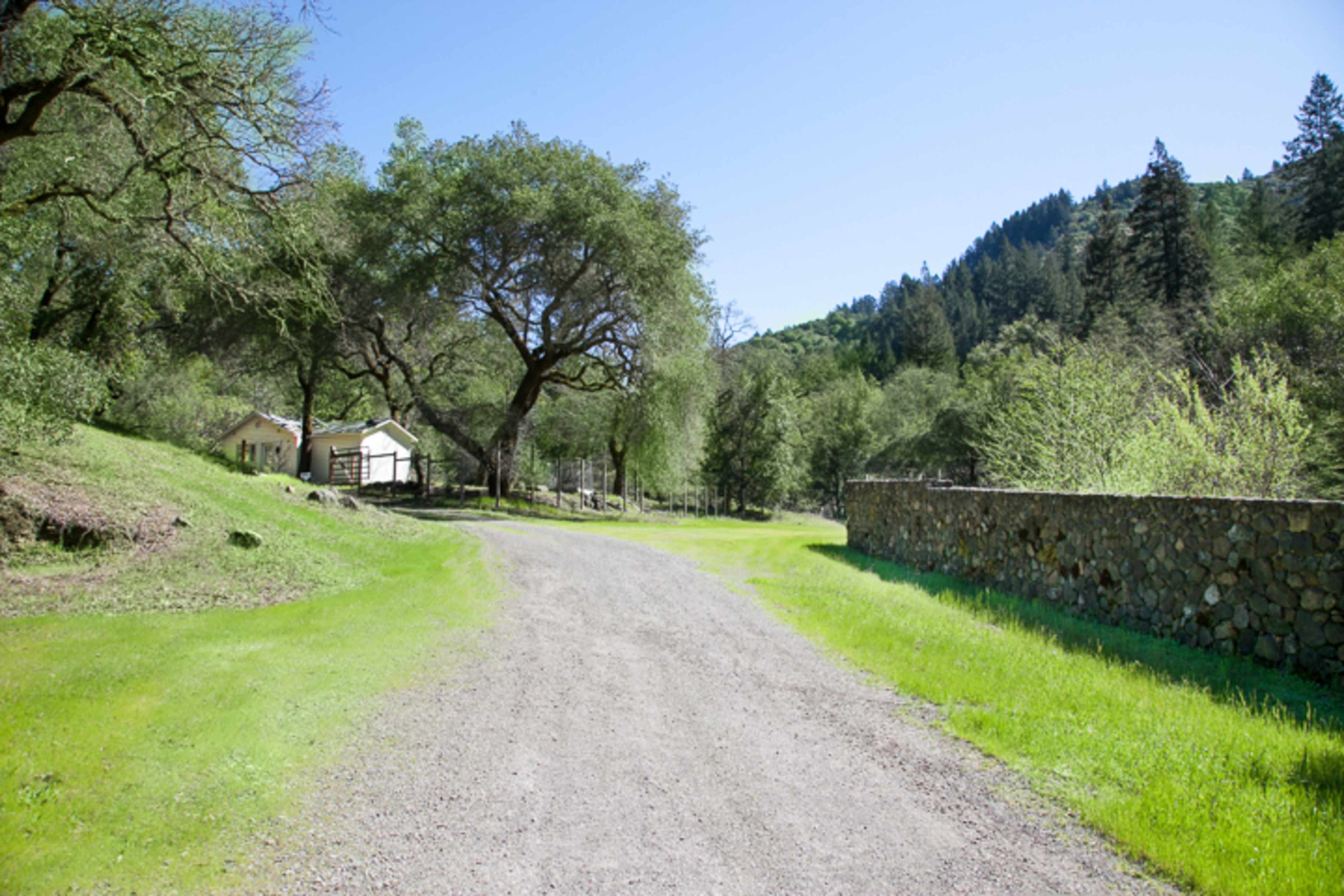A gravel path winds through a green landscape with trees and a stone wall alongside a house in the distance.