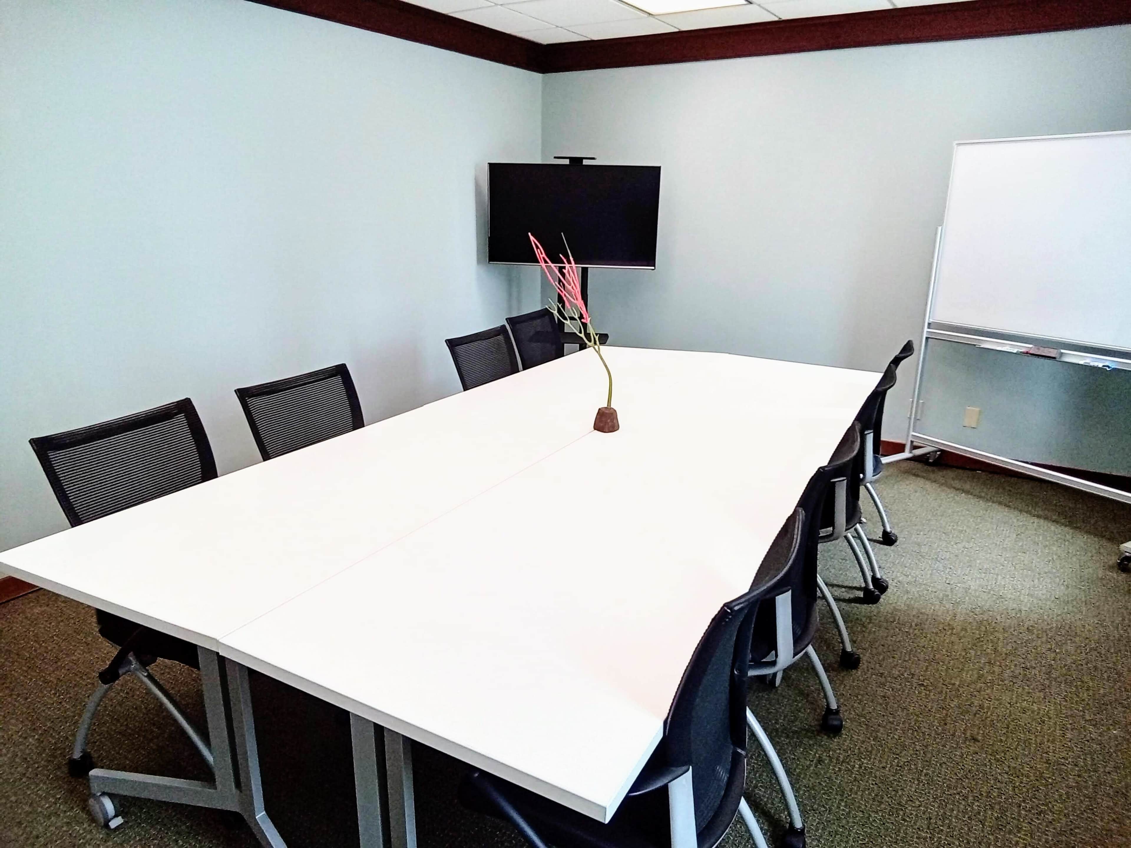 A conference room features a large white table surrounded by black chairs, with a plant centerpiece, a mounted TV, and a whiteboard.