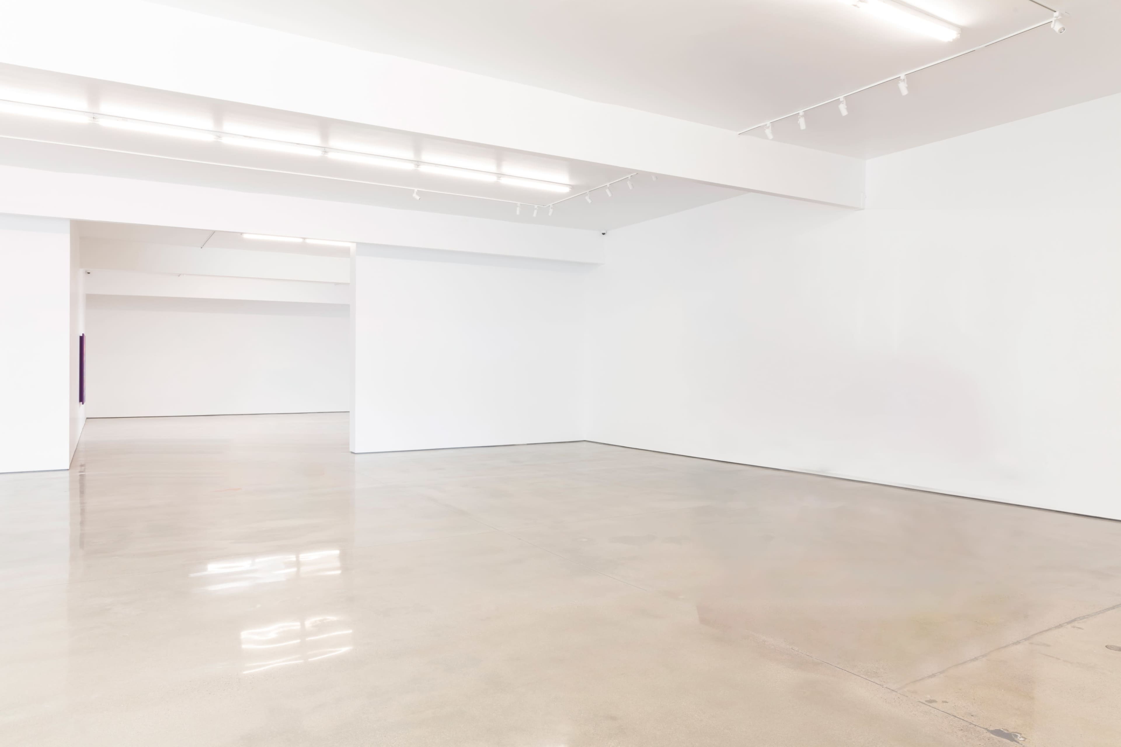 A spacious, minimally adorned gallery with white walls and polished concrete flooring.