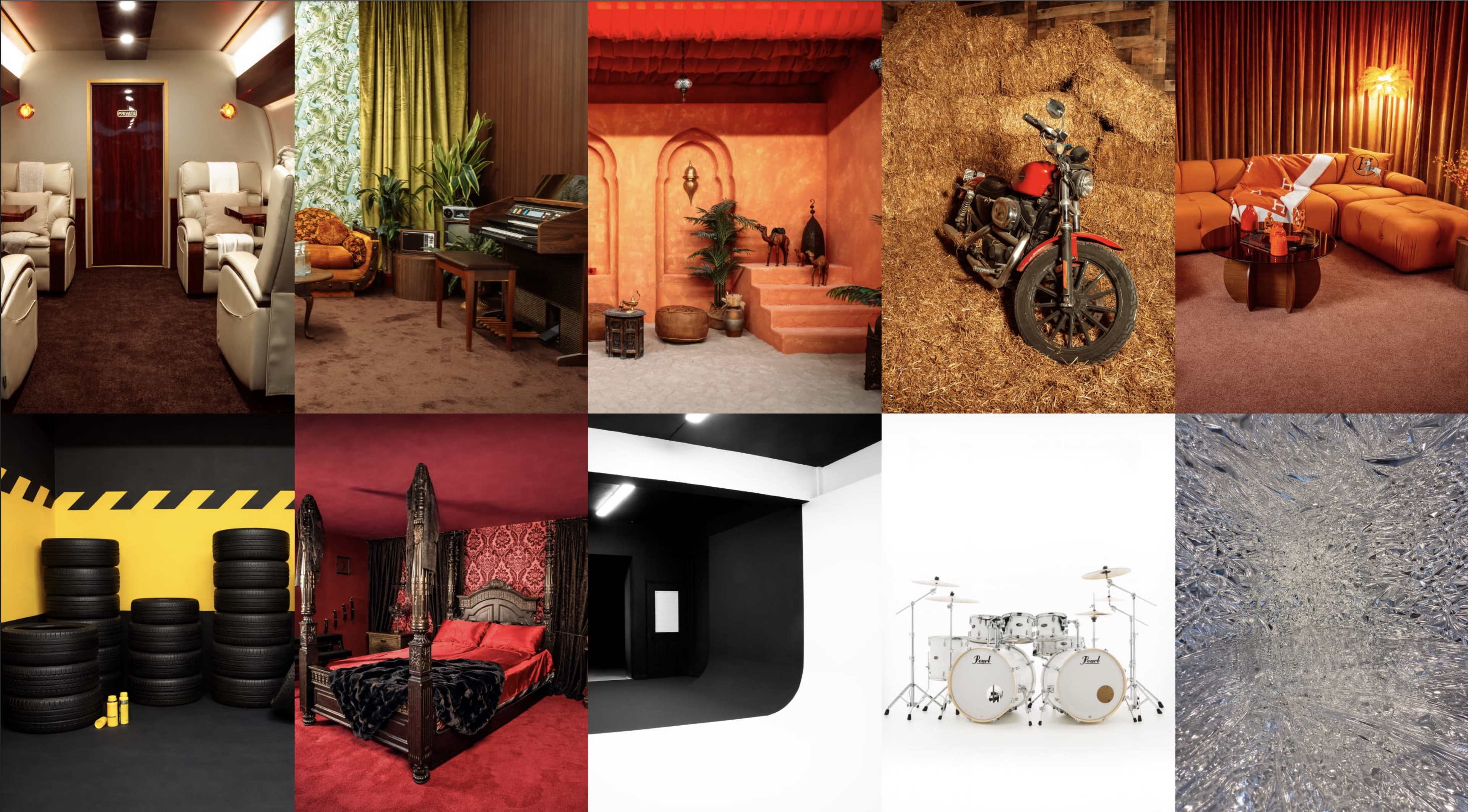 The image features a collage of various themed interiors, including a vintage lounge, a vibrant orange room, a motorcycle display, and a dark bedroom with a red theme, accompanied by contrasting elements like tires and musical instruments.