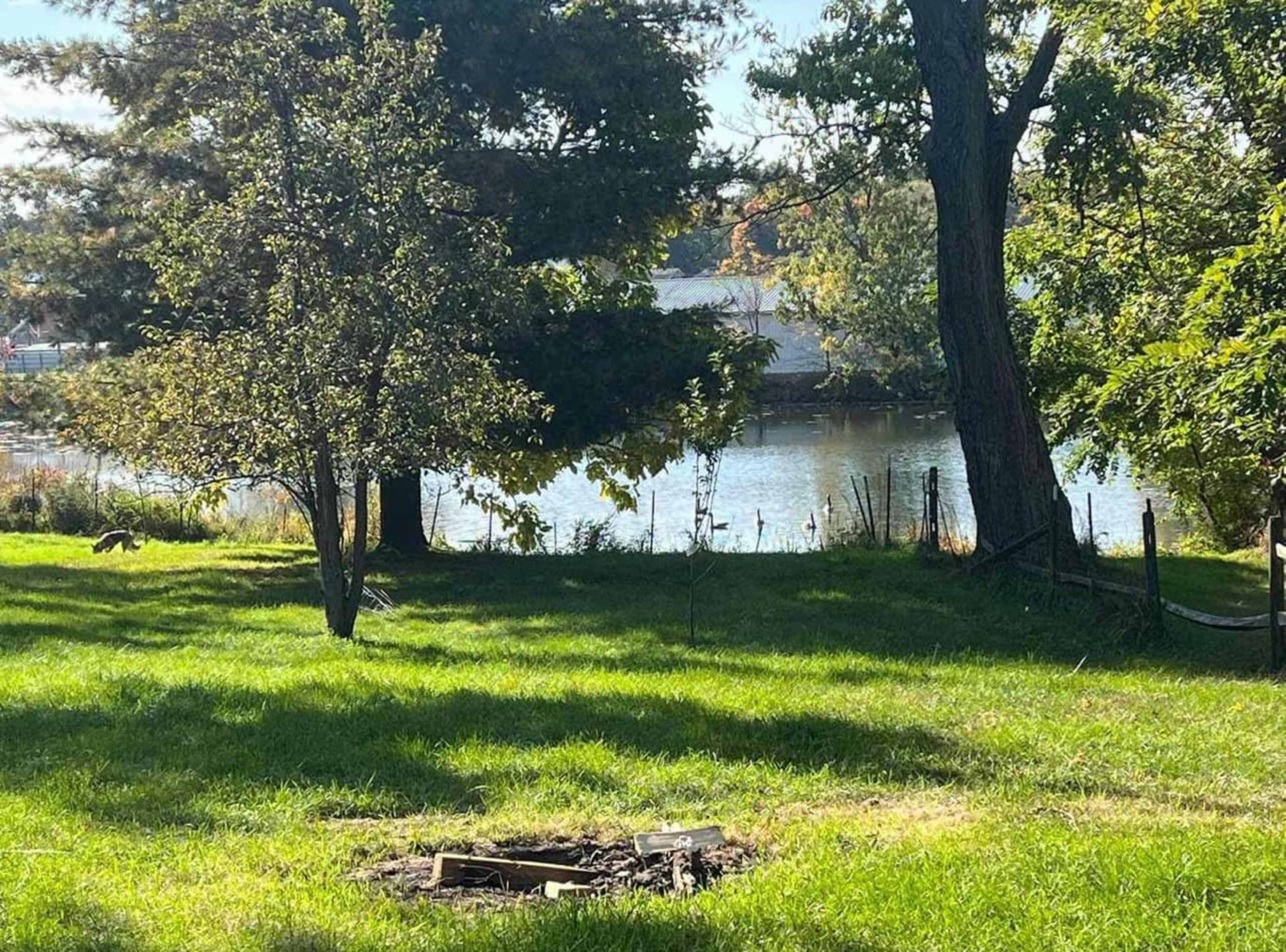 The image shows a grassy area with a fire pit in the foreground and a calm body of water visible in the background, surrounded by trees.