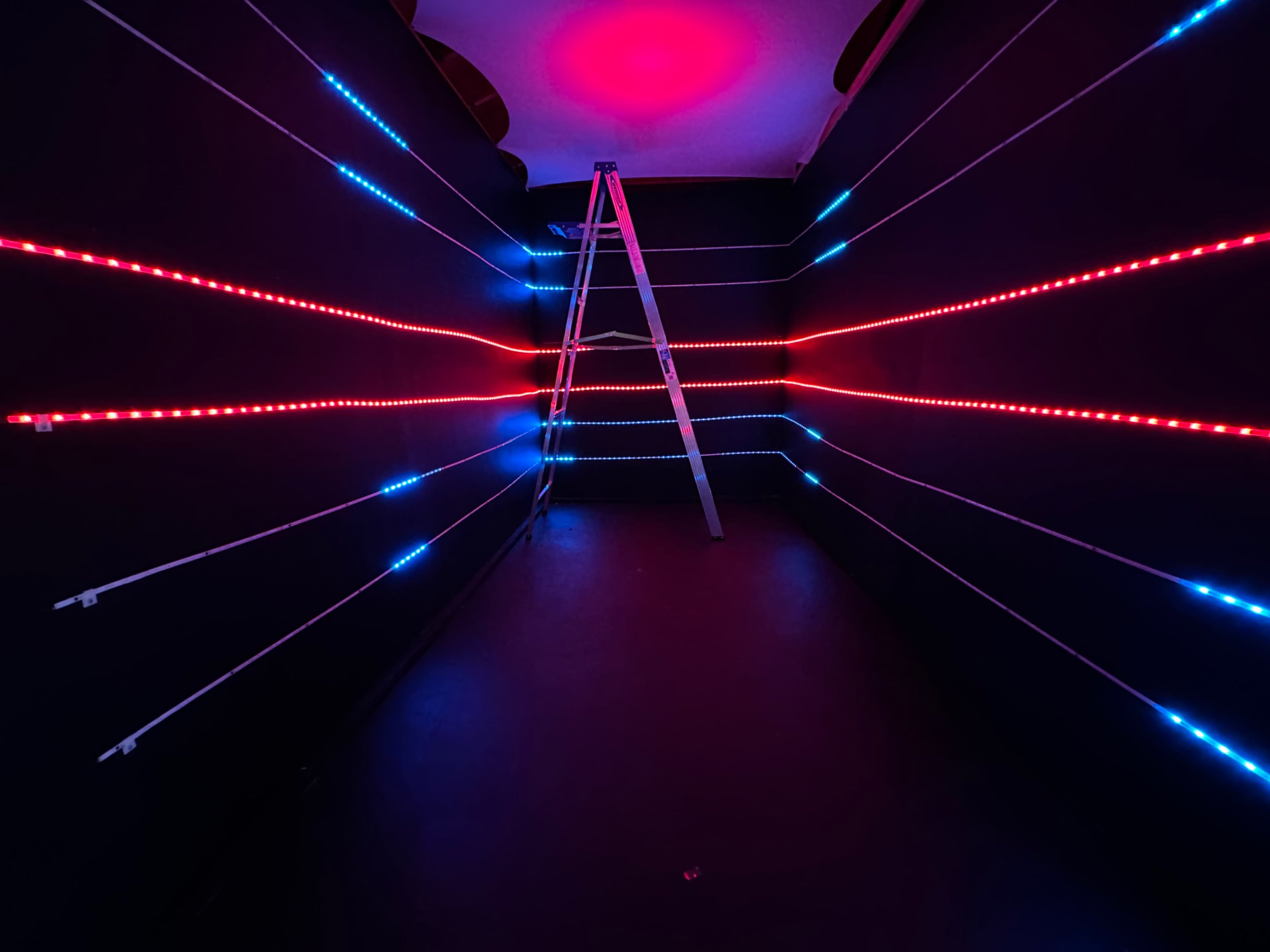 The image shows a dark room with vertical LED light strips in red and blue lines, intersected by a ladder in the center.