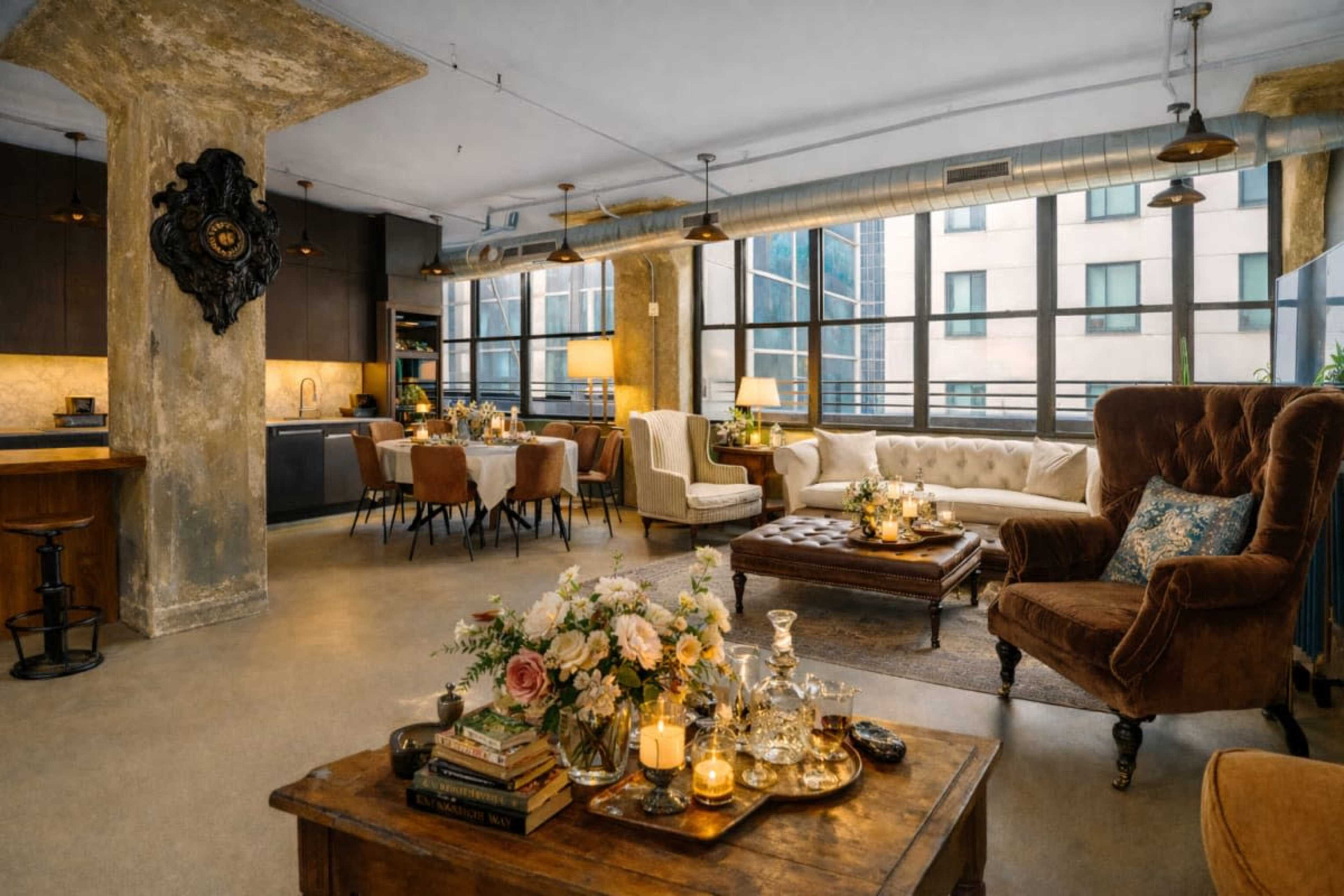 The image features a spacious, industrial-style living area with large windows, a cozy seating arrangement, and a dining table set elegantly beside a well-decorated coffee table.