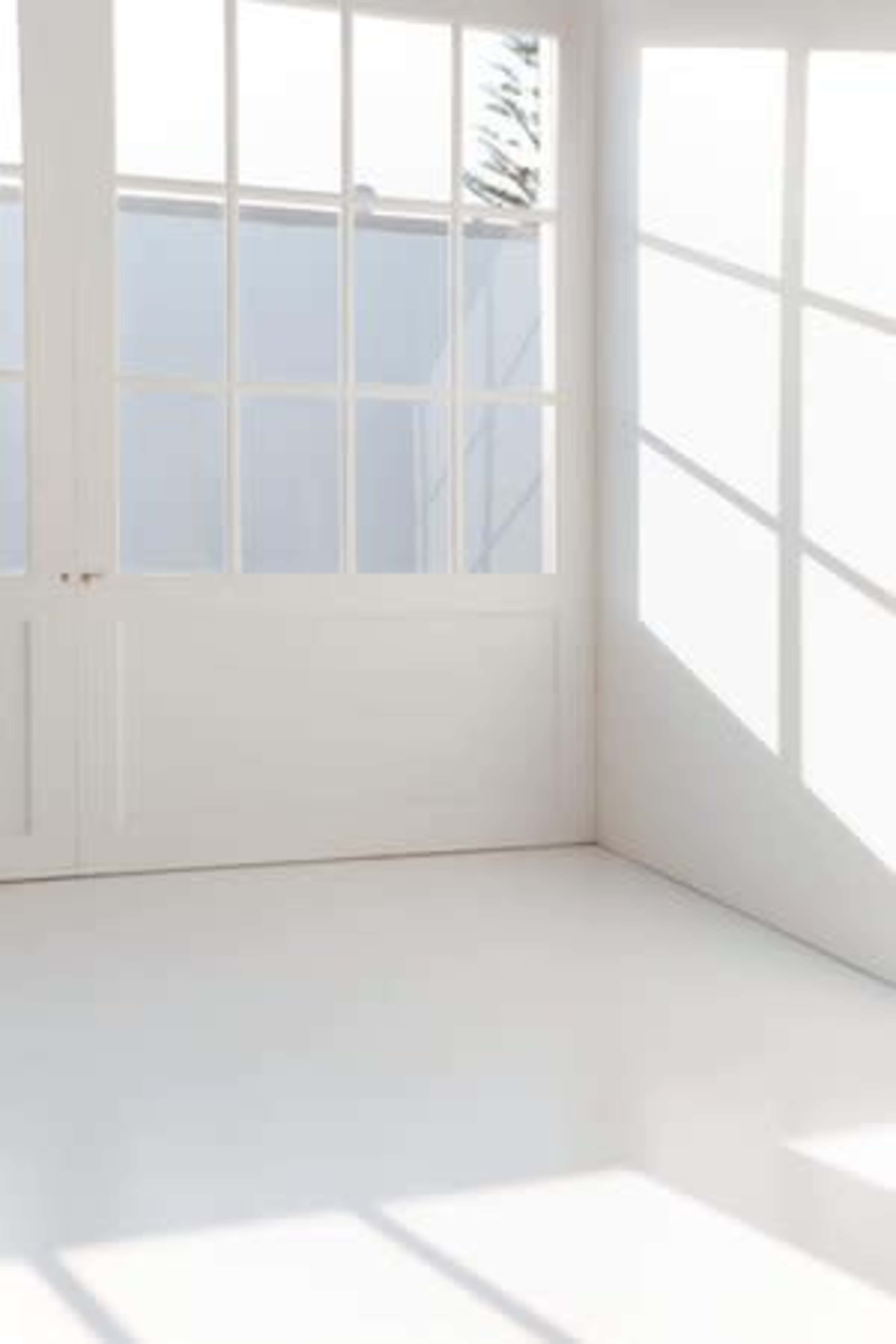 The image shows a bright, empty room with large white windows casting shadows on the floor.