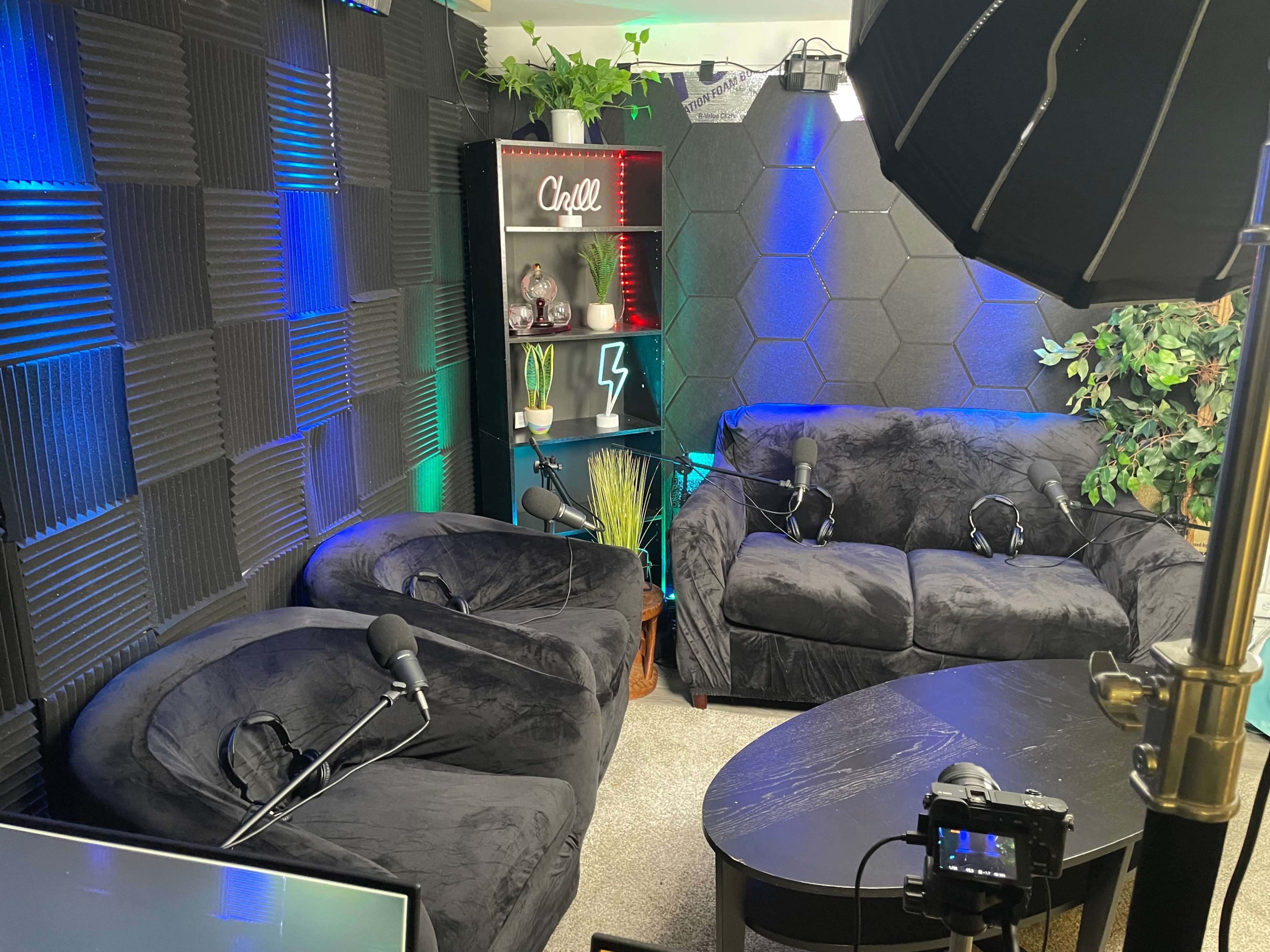 A room set up for a podcast or video recording features plush chairs with microphones, a table, and decorative plants against a textured wall with colorful lighting.
