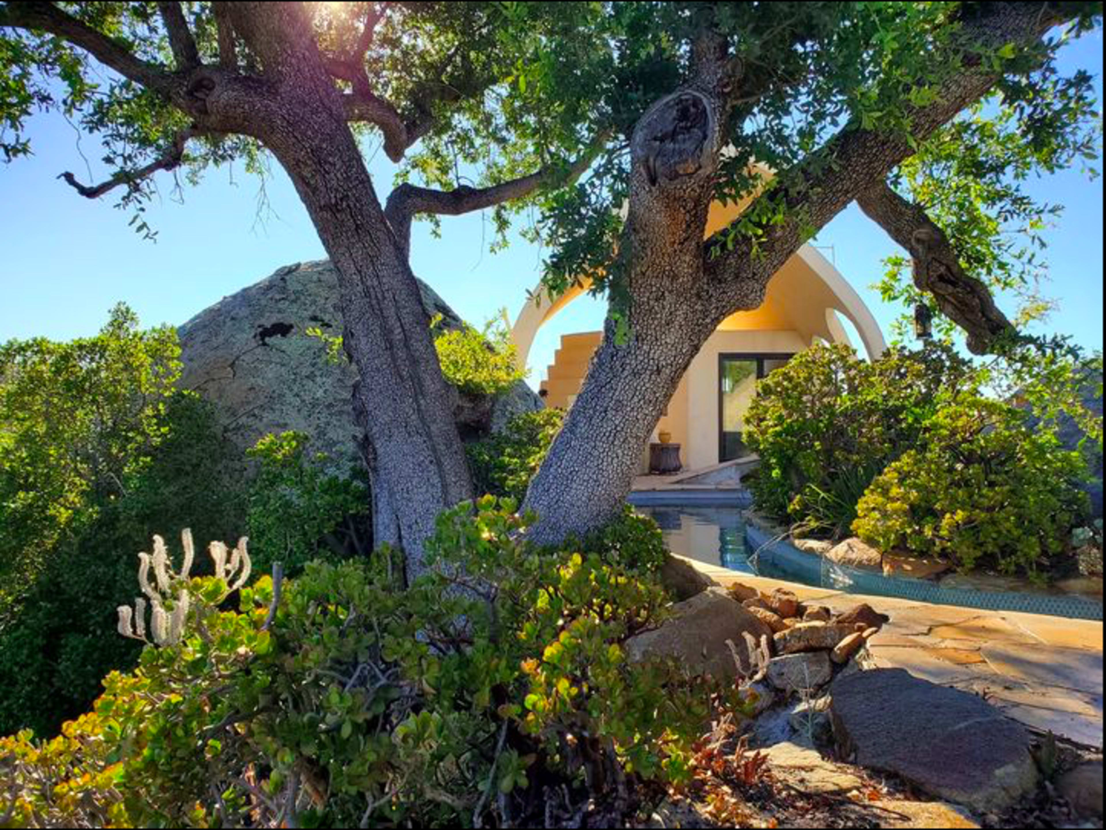 A unique building surrounded by large rocks, trees, and lush vegetation under clear blue skies.