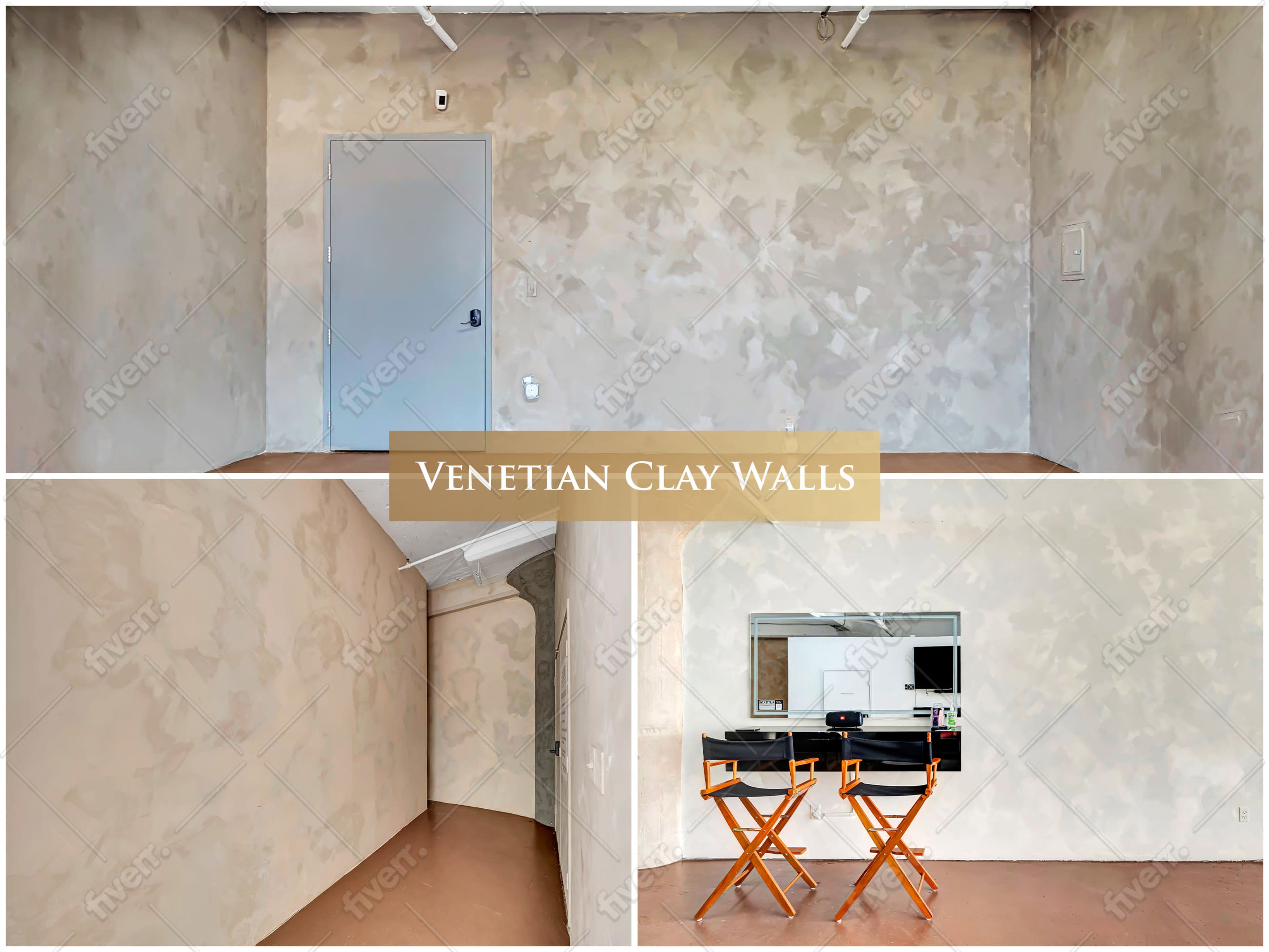 The image shows a room with Venetian clay walls, featuring a simple entry door, a corner area with a mirror and two director's chairs, and smooth textured walls.