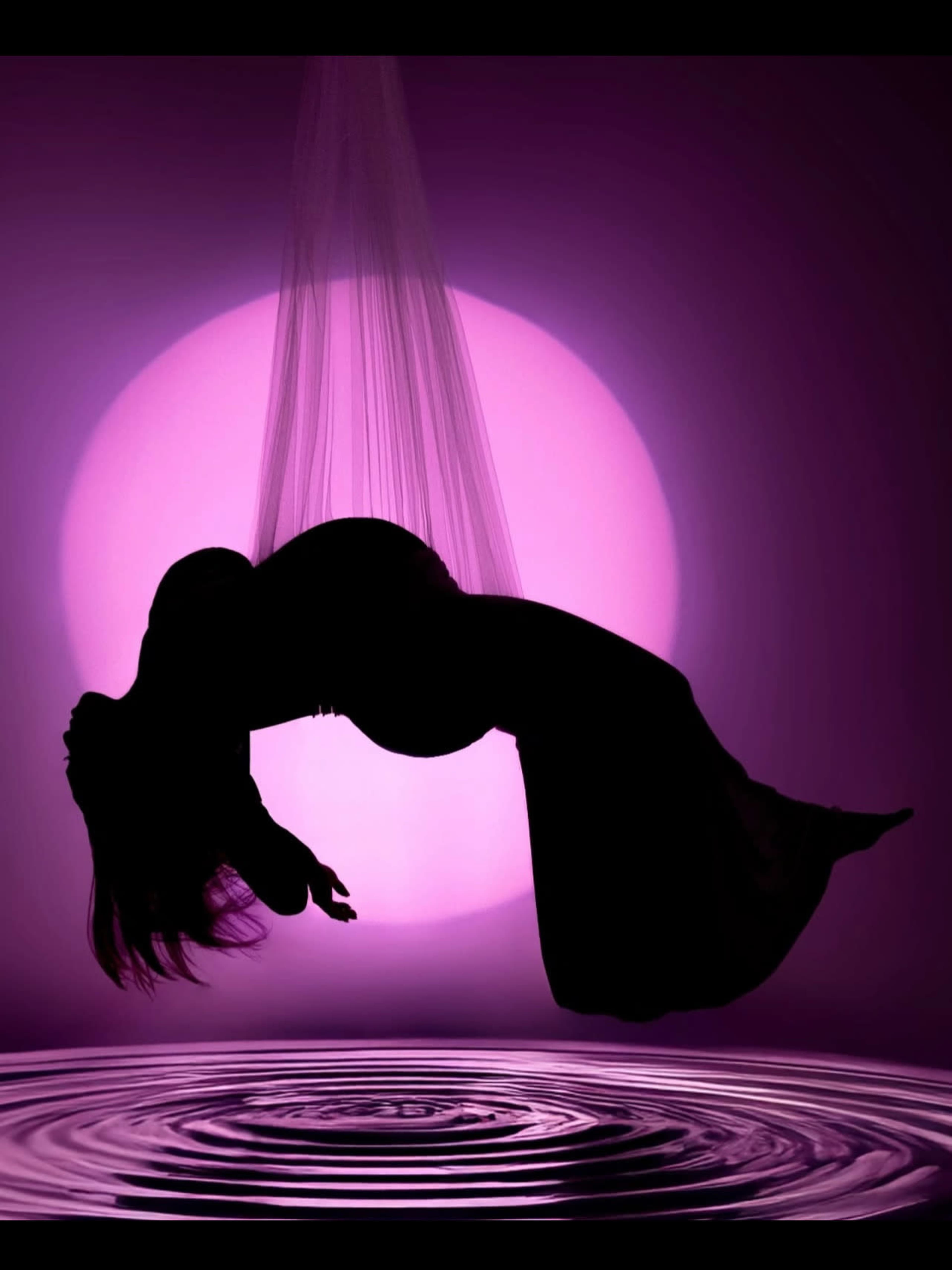 A silhouetted figure of a pregnant woman hangs gracefully against a large purple circle, with ripples visible below.
