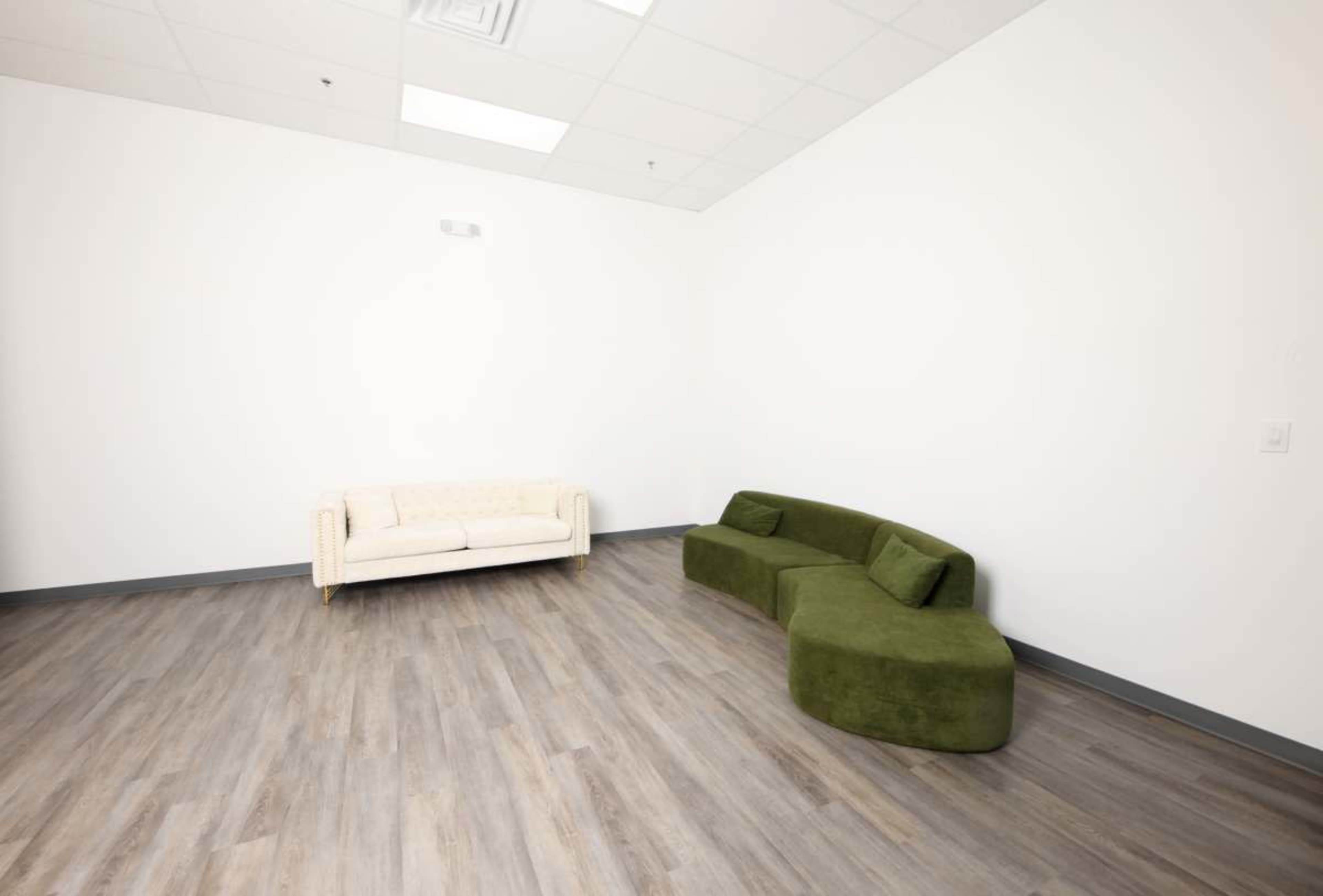 The image shows a sparsely furnished room with a white wall, light wood flooring, and two sofas: a cream-colored one and a green, curved one.