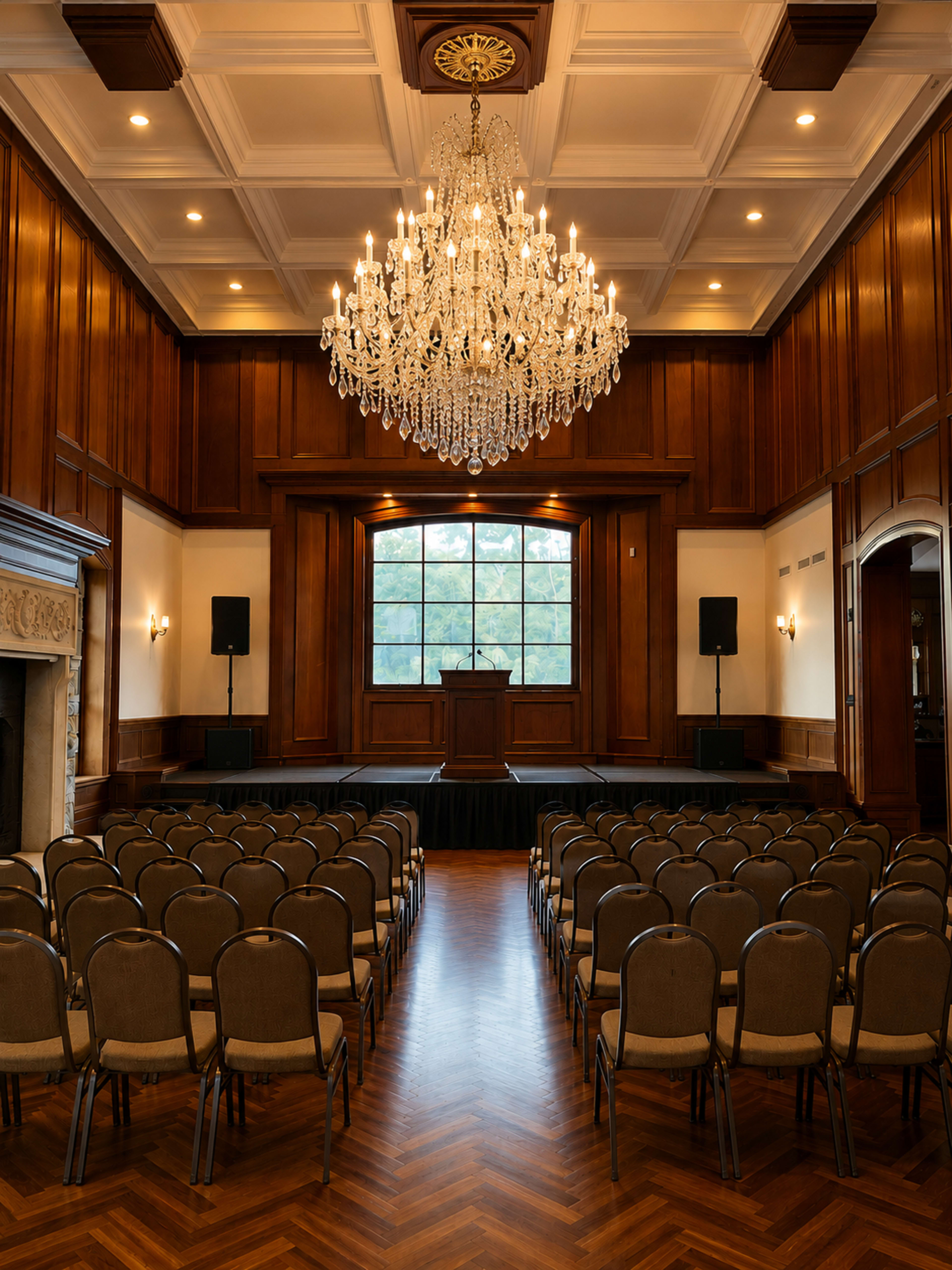 The image shows an elegantly designed conference room with a large chandelier, a stage at the front, and rows of chairs arranged for an event.