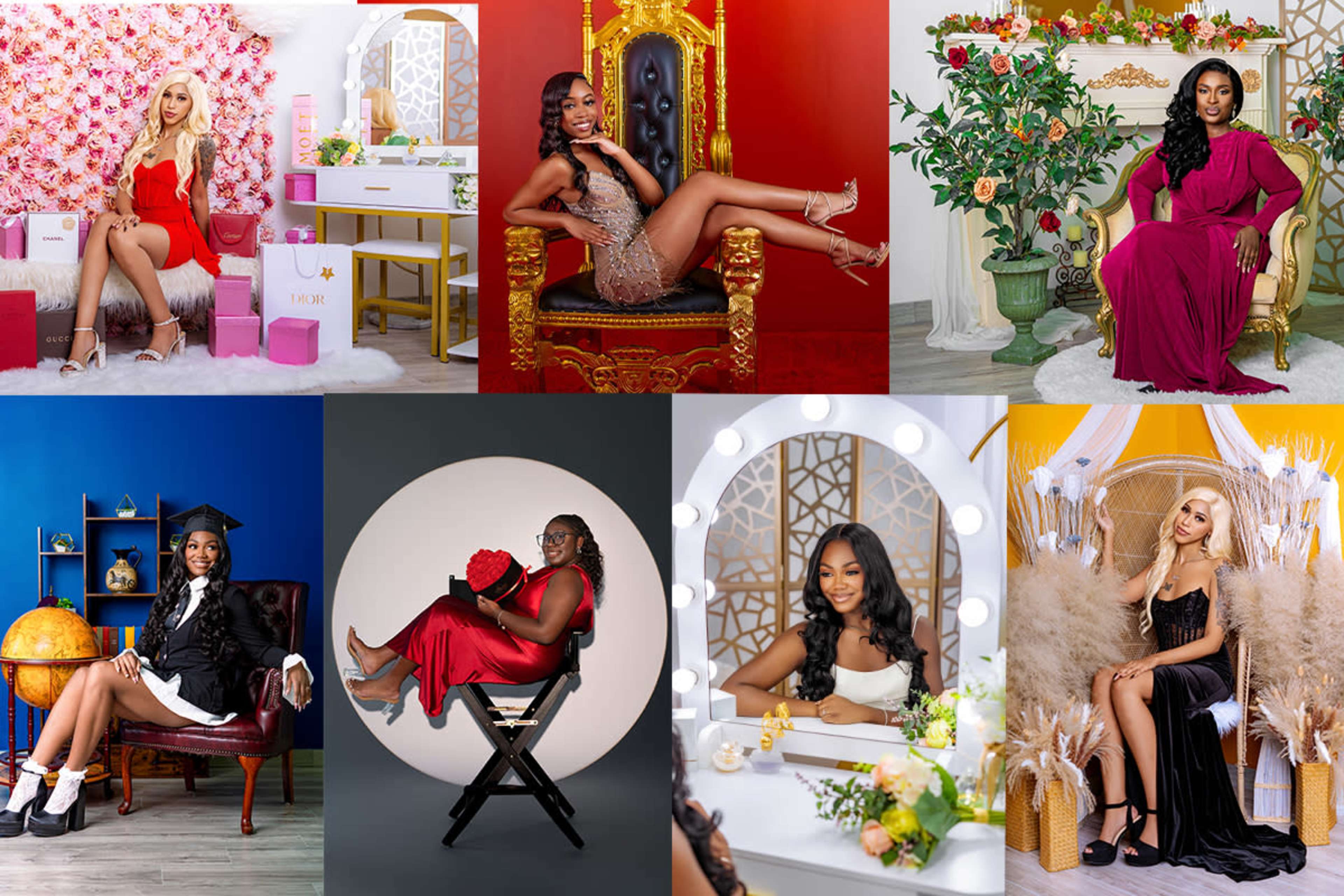 The image is a collage featuring multiple women posing in styled settings, each displaying varied fashion choices and backgrounds.