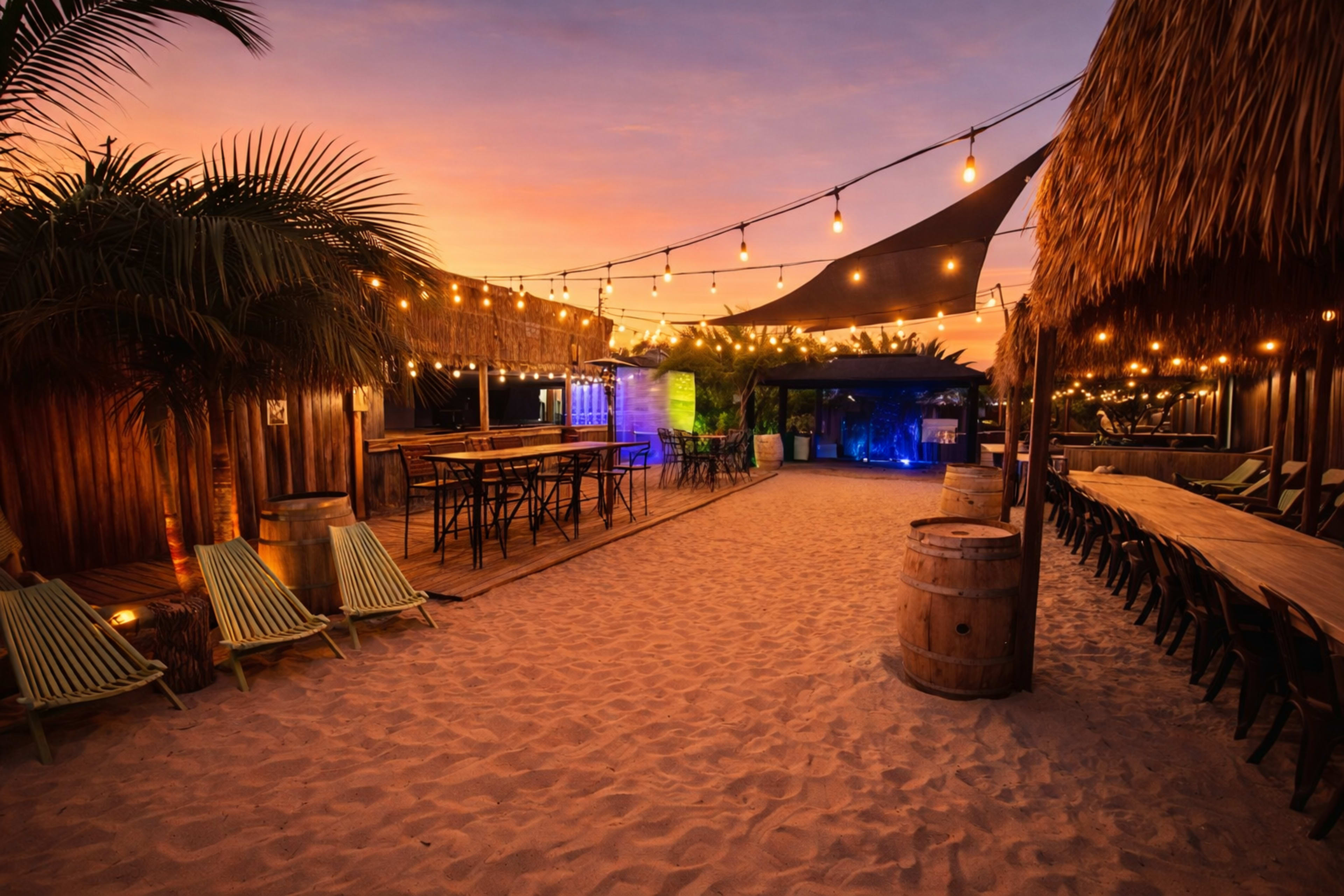 The scene features a beachside bar area with string lights, sandy ground, and rows of tables and chairs under a twilight sky.