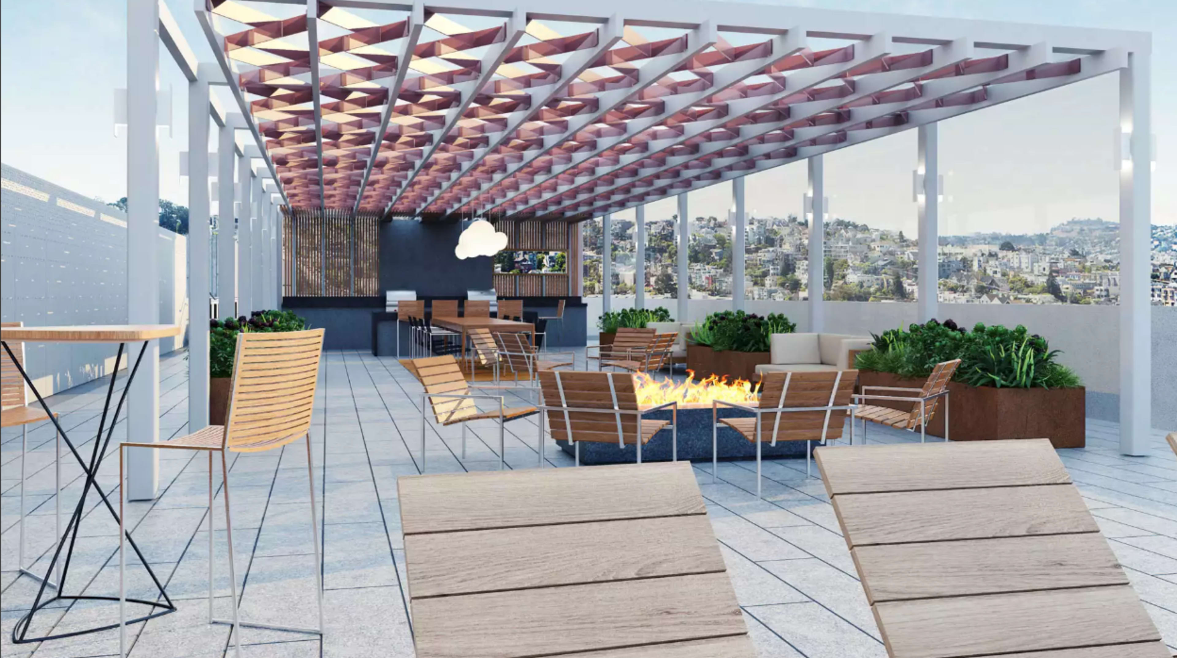 A rooftop terrace featuring a fire pit surrounded by seating, planters, and a shaded area with a patterned pergola.