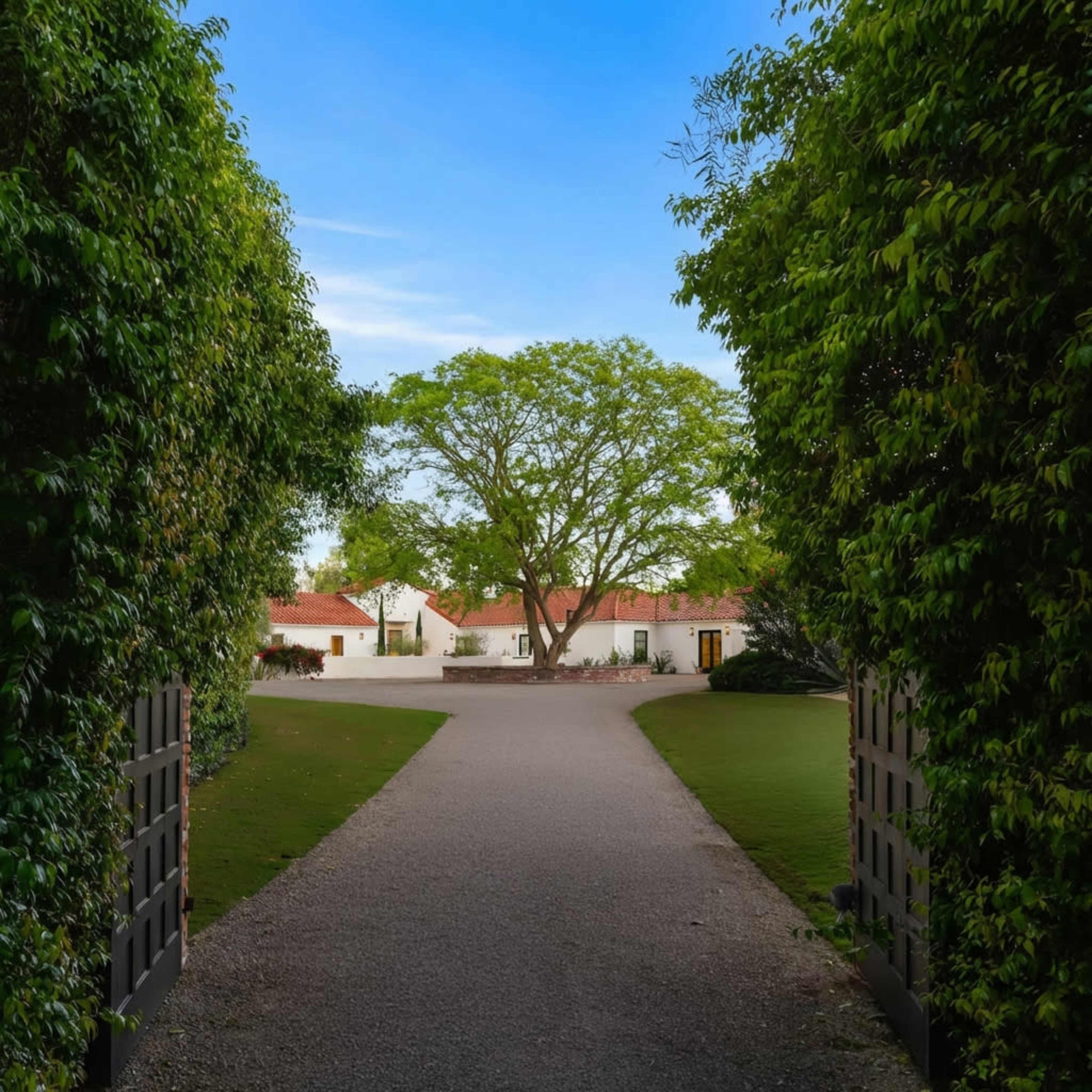 A tree stands at the end of a gravel path that is bordered by tall hedges, leading to white buildings with red roofs.