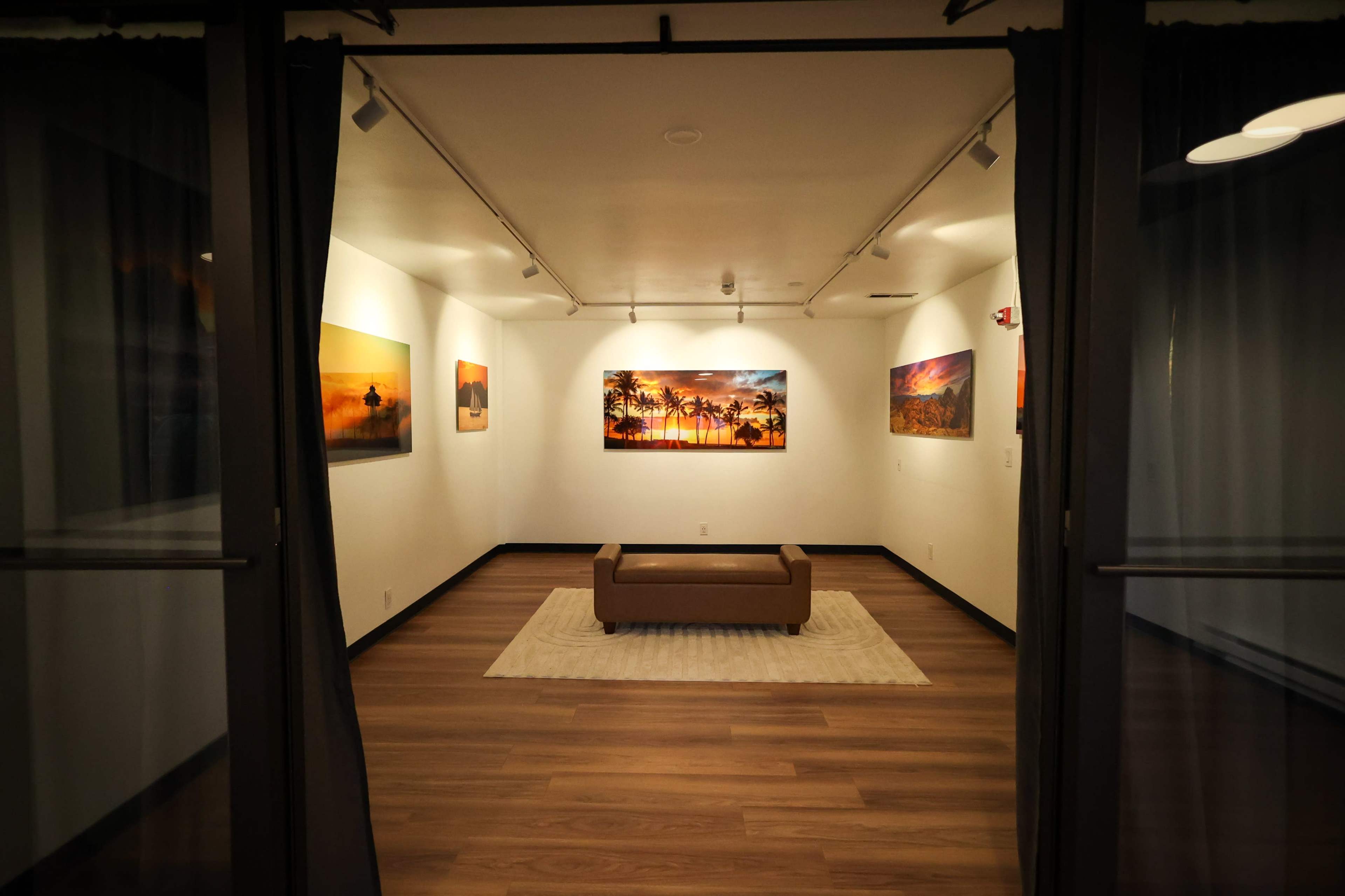 An art gallery with several landscape paintings on the walls and a central brown couch on a rug.