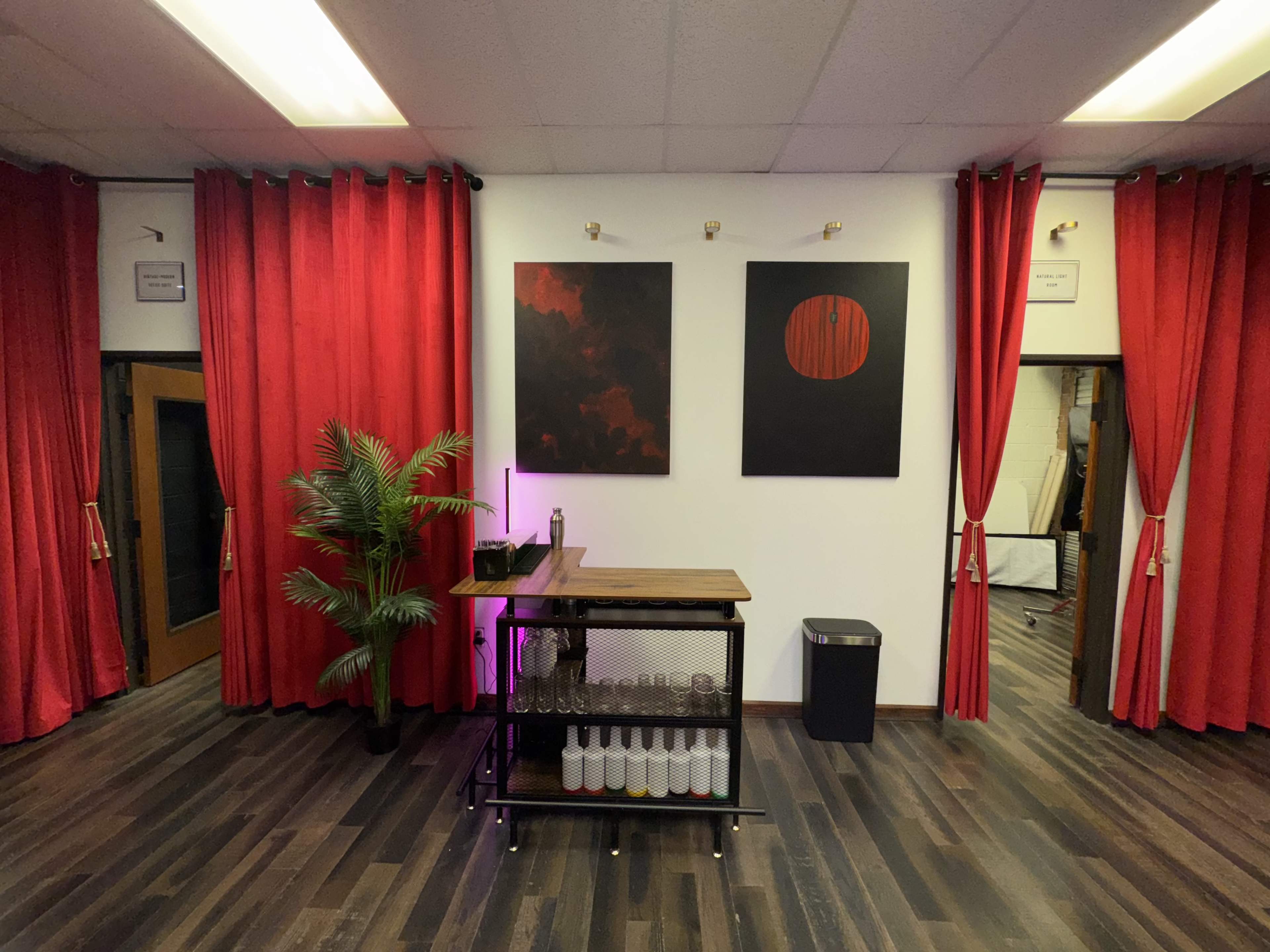 The image shows a room with red curtains, two abstract paintings on the wall, a wooden bar cart with bottles, and a potted plant next to it.