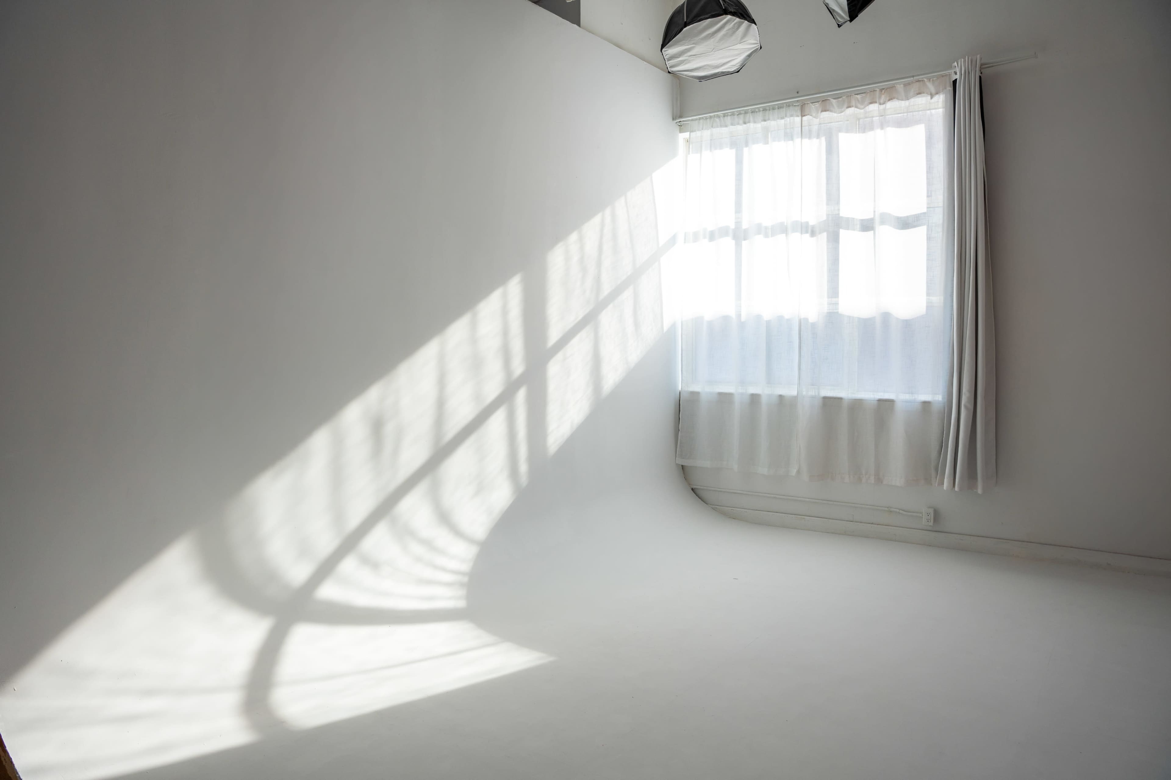 A well-lit photography studio features a large window with sheer curtains casting shadows on a blank white backdrop.