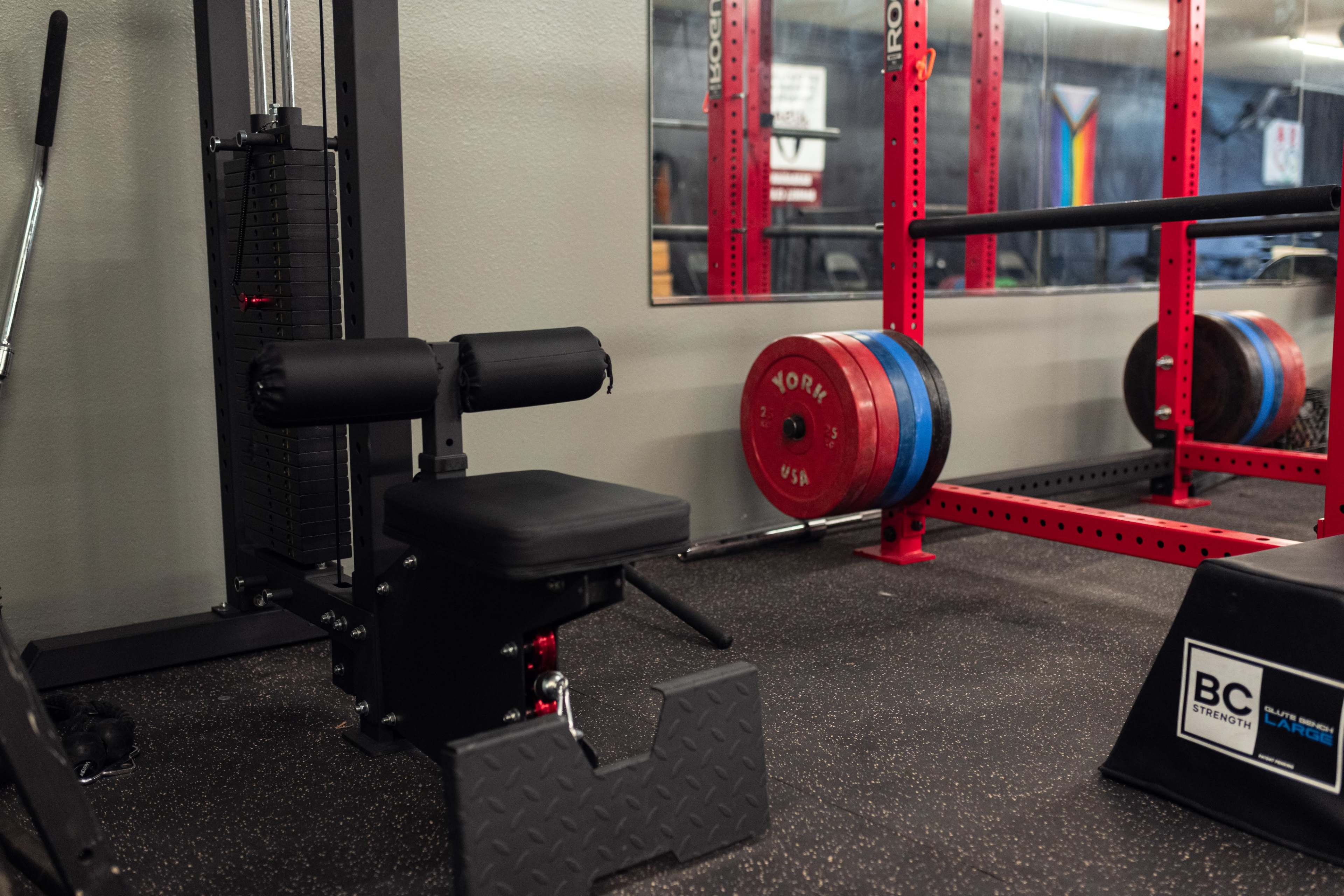 A gym interior featuring a leg extension machine next to a weightlifting area with colorful weight plates and a mirrored wall.