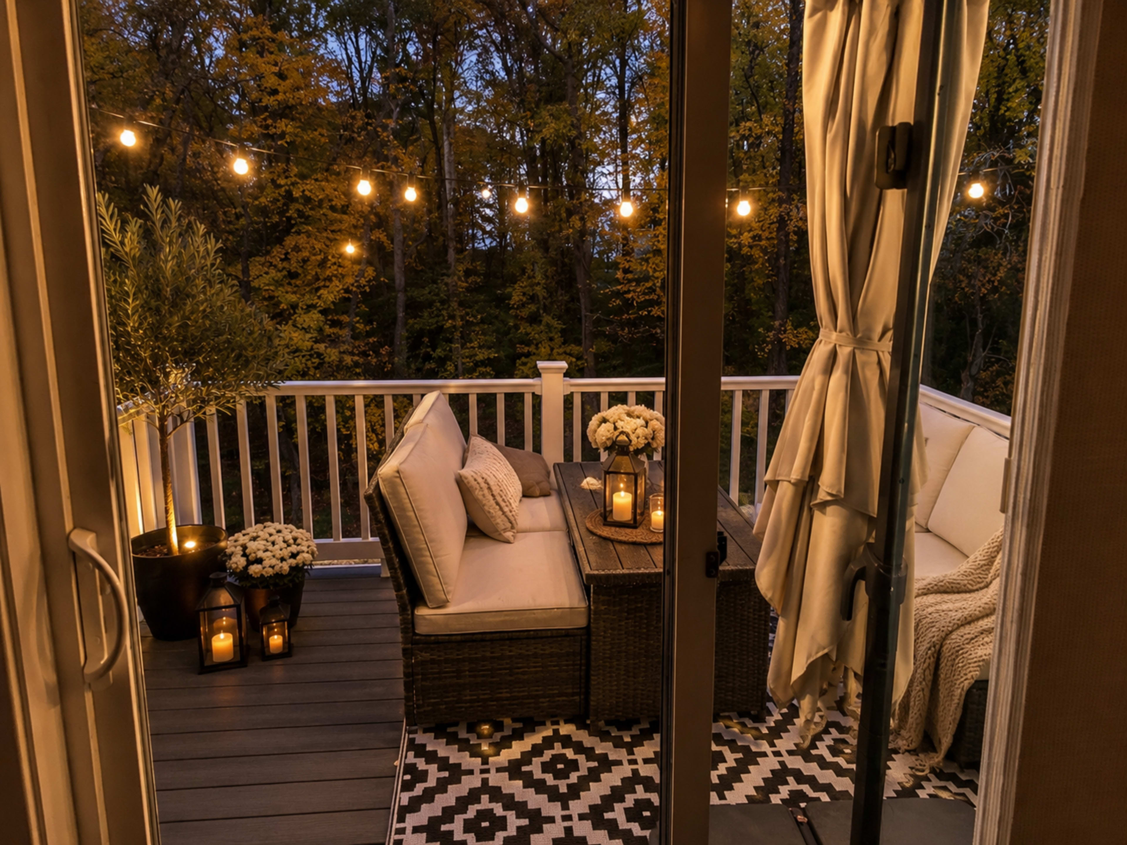 A cozy balcony features a seating area with cushions, a table adorned with flowers, and string lights illuminating the space amidst autumn trees.
