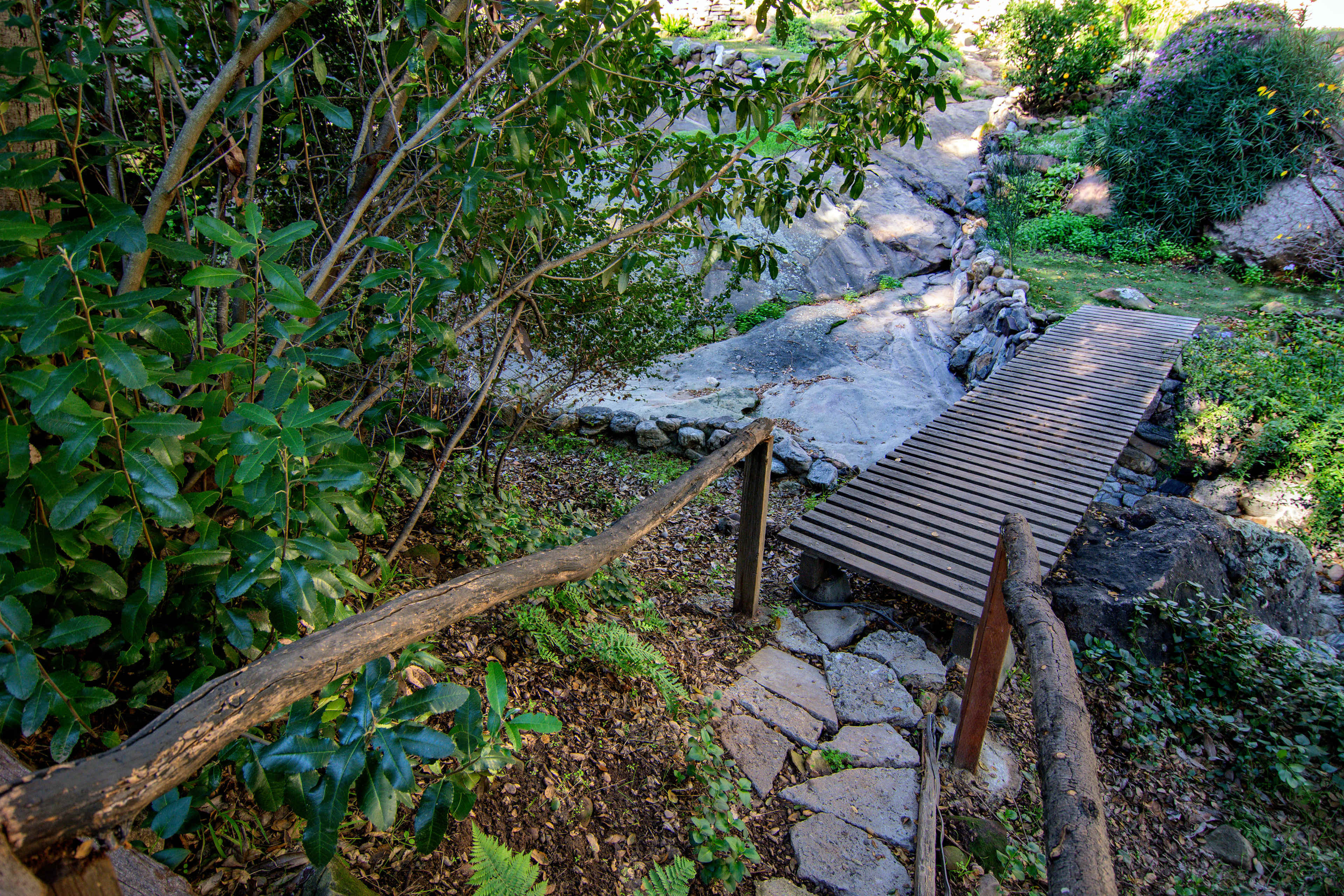 A wooden bridge connects two rocky areas in a lush, green landscape.