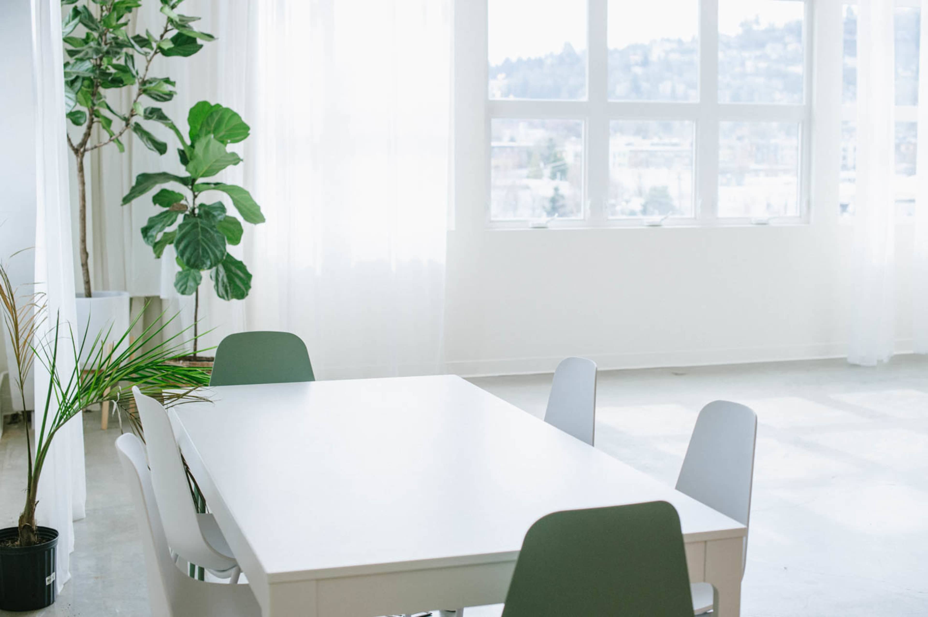 A bright and airy room features a white table surrounded by four chairs, with large windows and a potted plant in the corner.