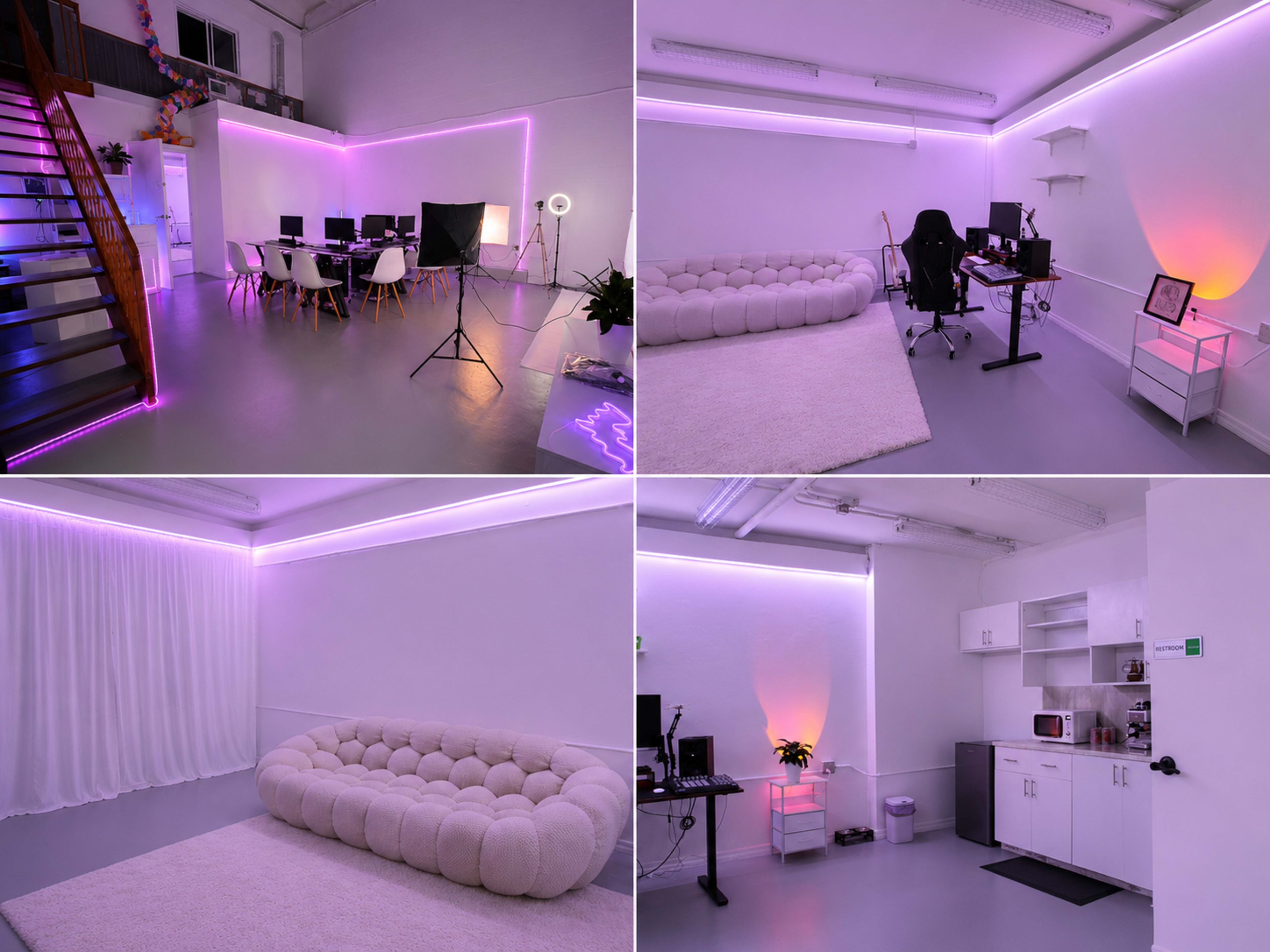 The image shows a modern multi-functional studio space featuring a large white couch, a desk setup with computers, a dining area, and various lighting with a purple hue.
