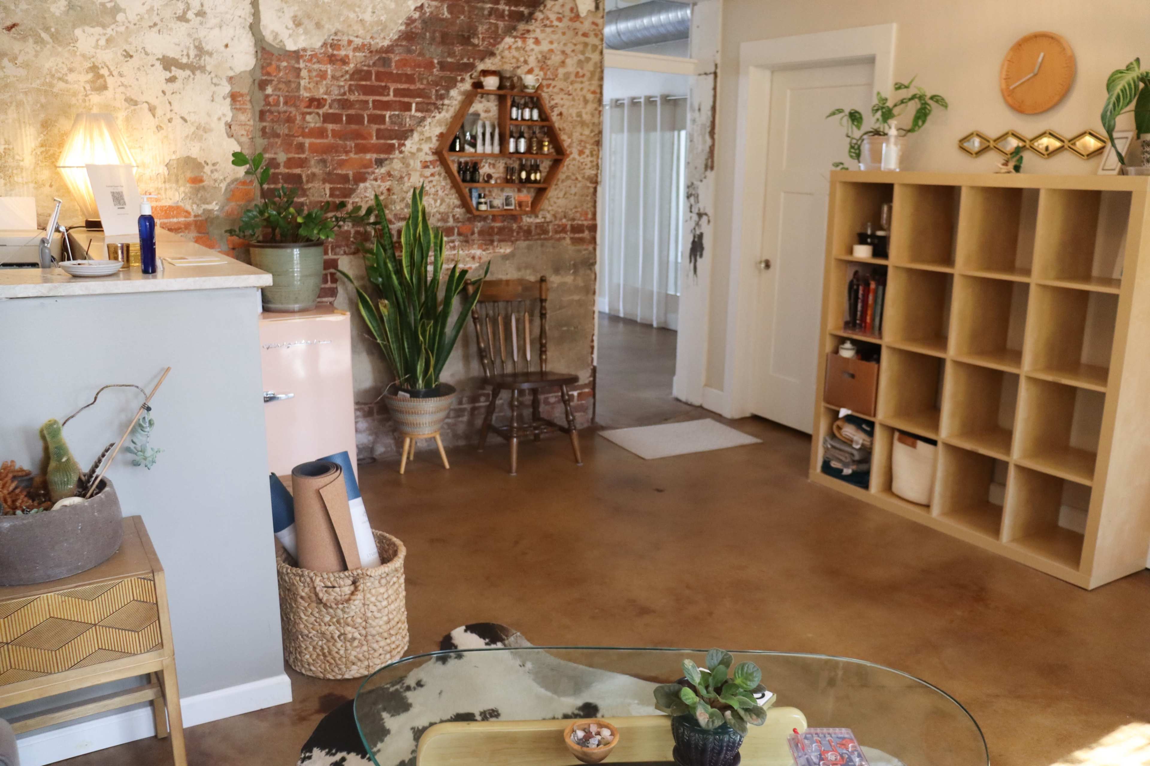 An interior space featuring a textured brick wall, a small kitchen area with a retro-style pink fridge, a wooden bookshelf, and a plant in a pot on a glass coffee table.