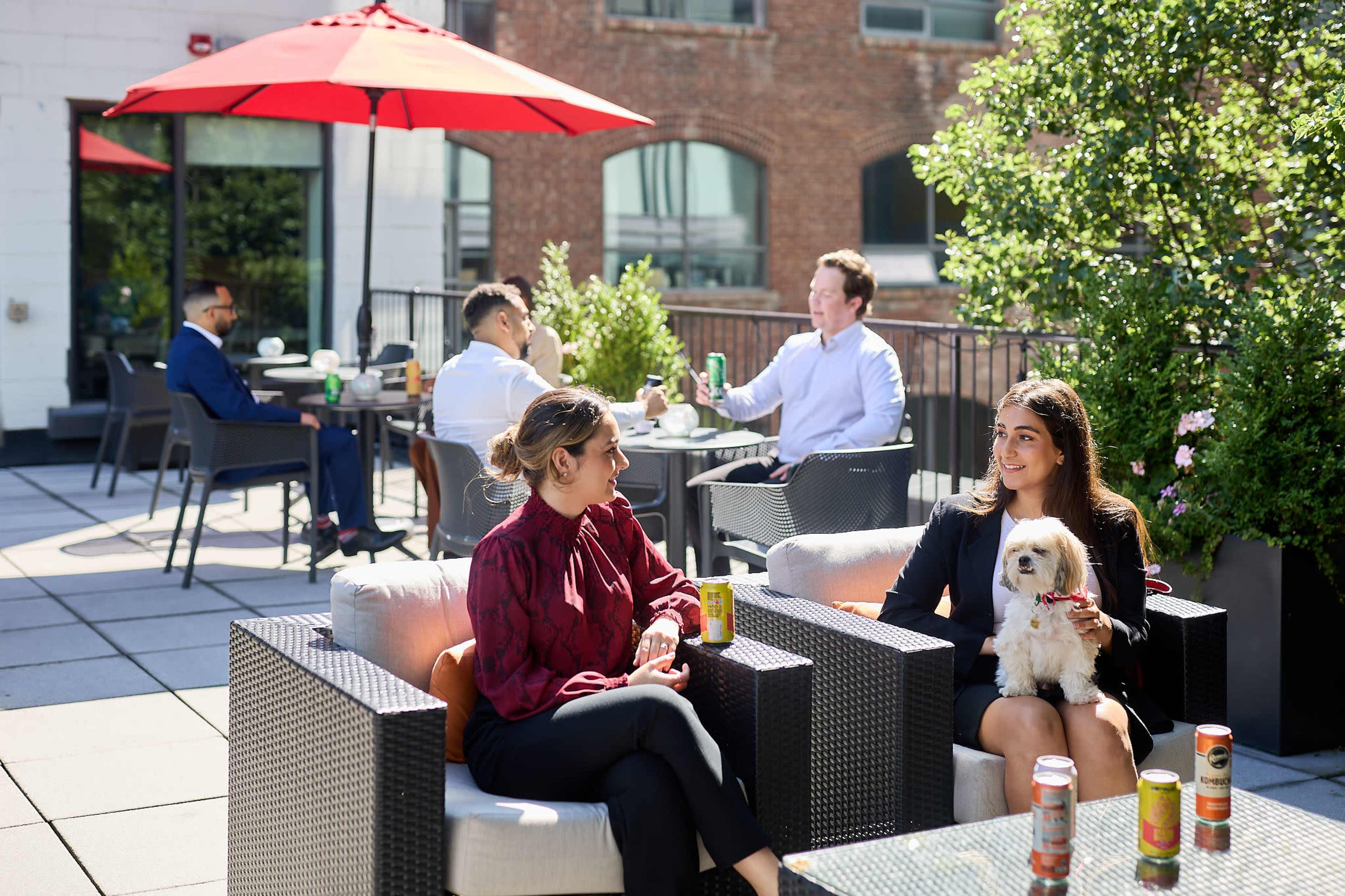 Two women sit on a patio with a small dog, while several other people are seated at tables in the background under umbrellas.