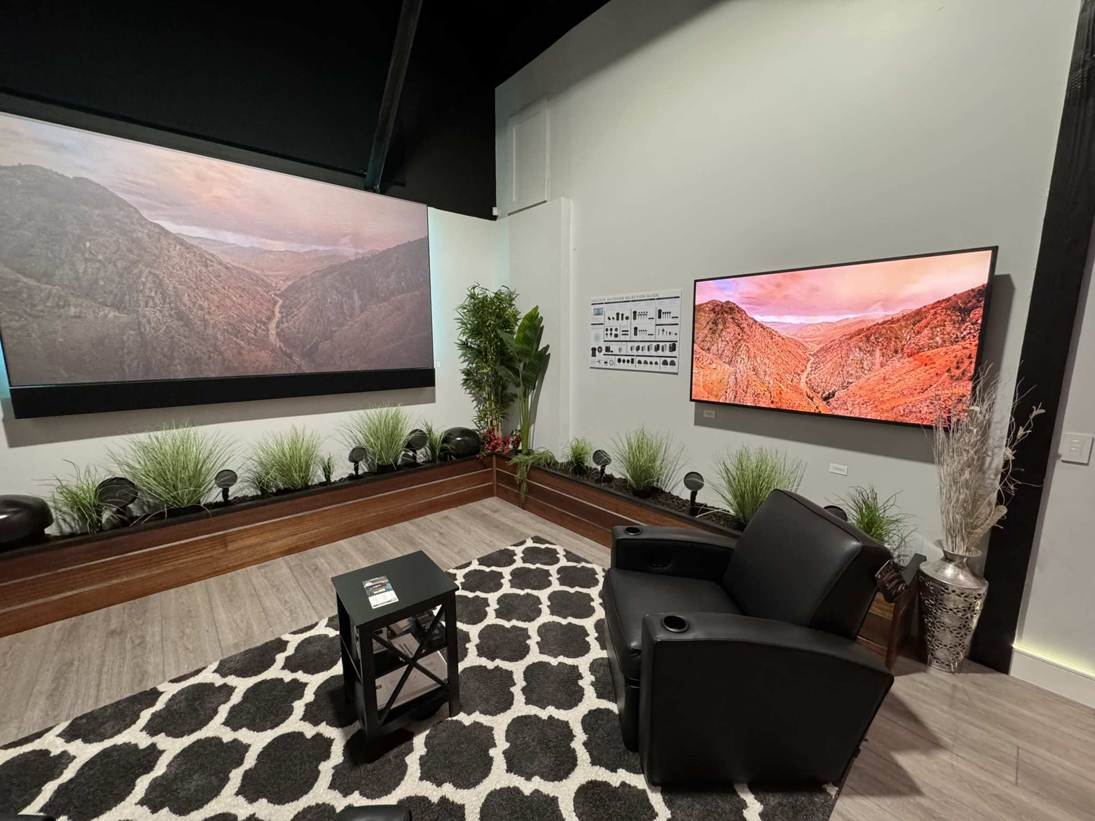 A living space with two mounted televisions displaying mountain landscapes, a black chair, and a coffee table, surrounded by decorative plants and a patterned rug.