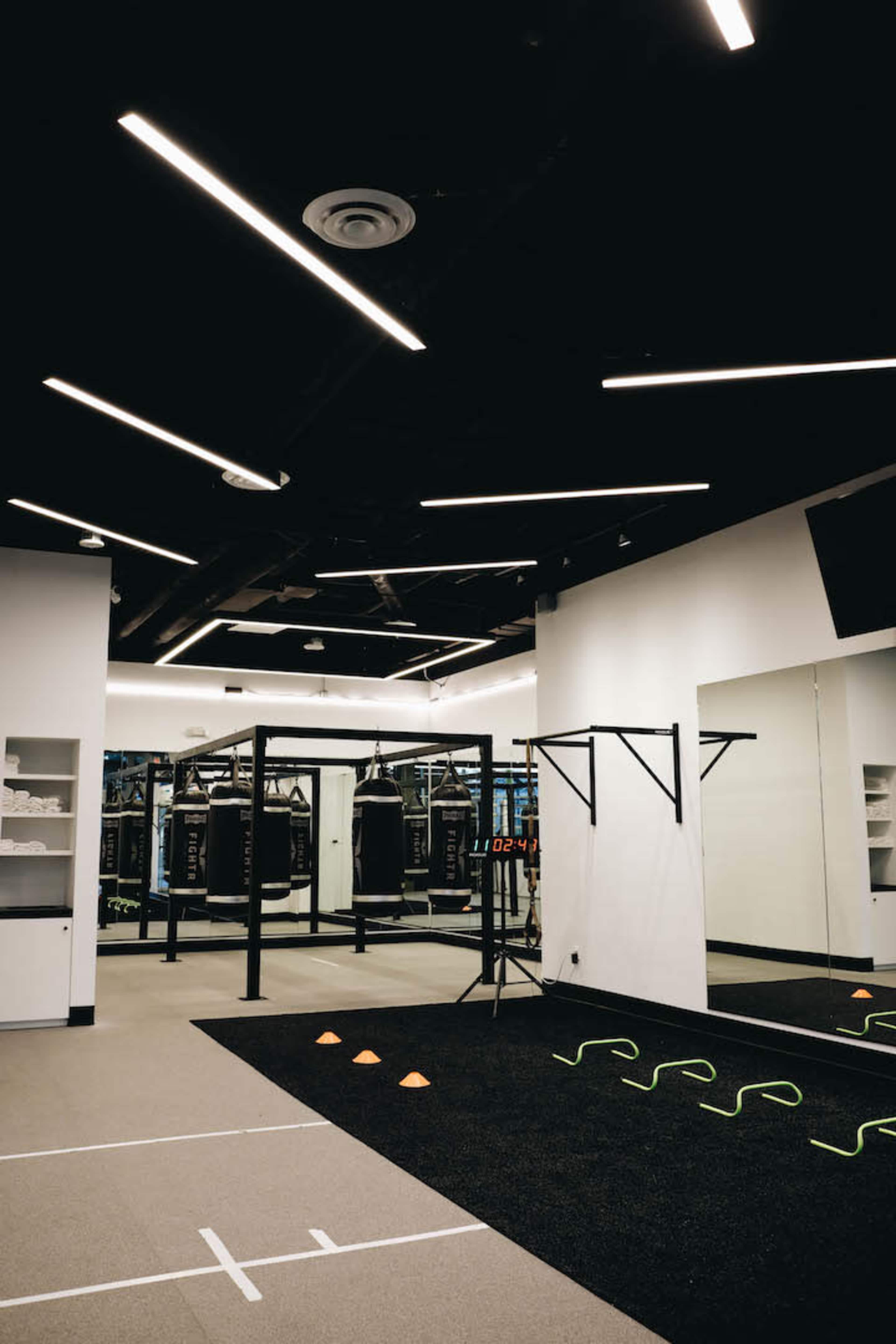 A modern gym interior featuring punching bags, exercise equipment, and marked training areas.