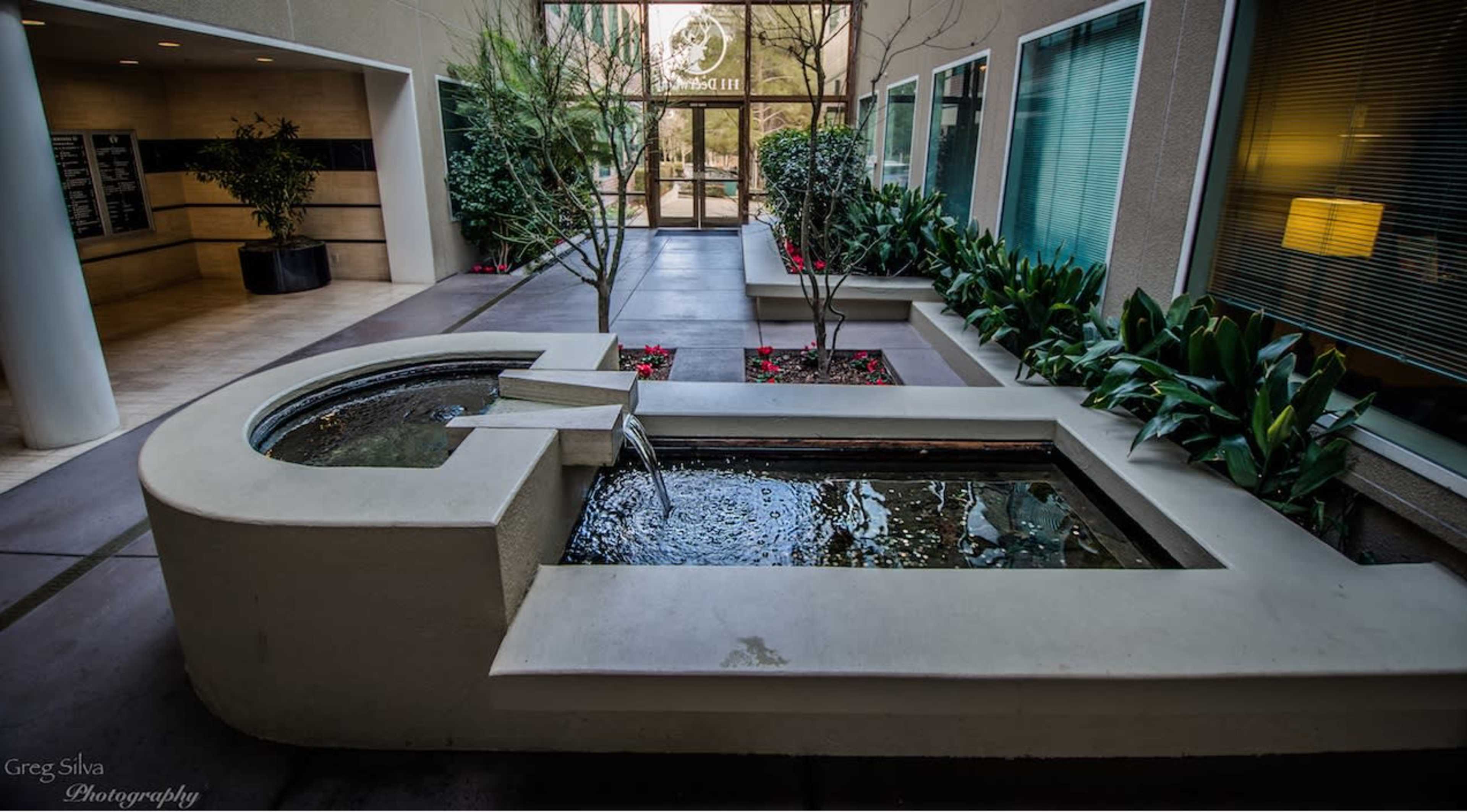 A courtyard with a water feature and greenery, leading to a glass entrance with a logo.