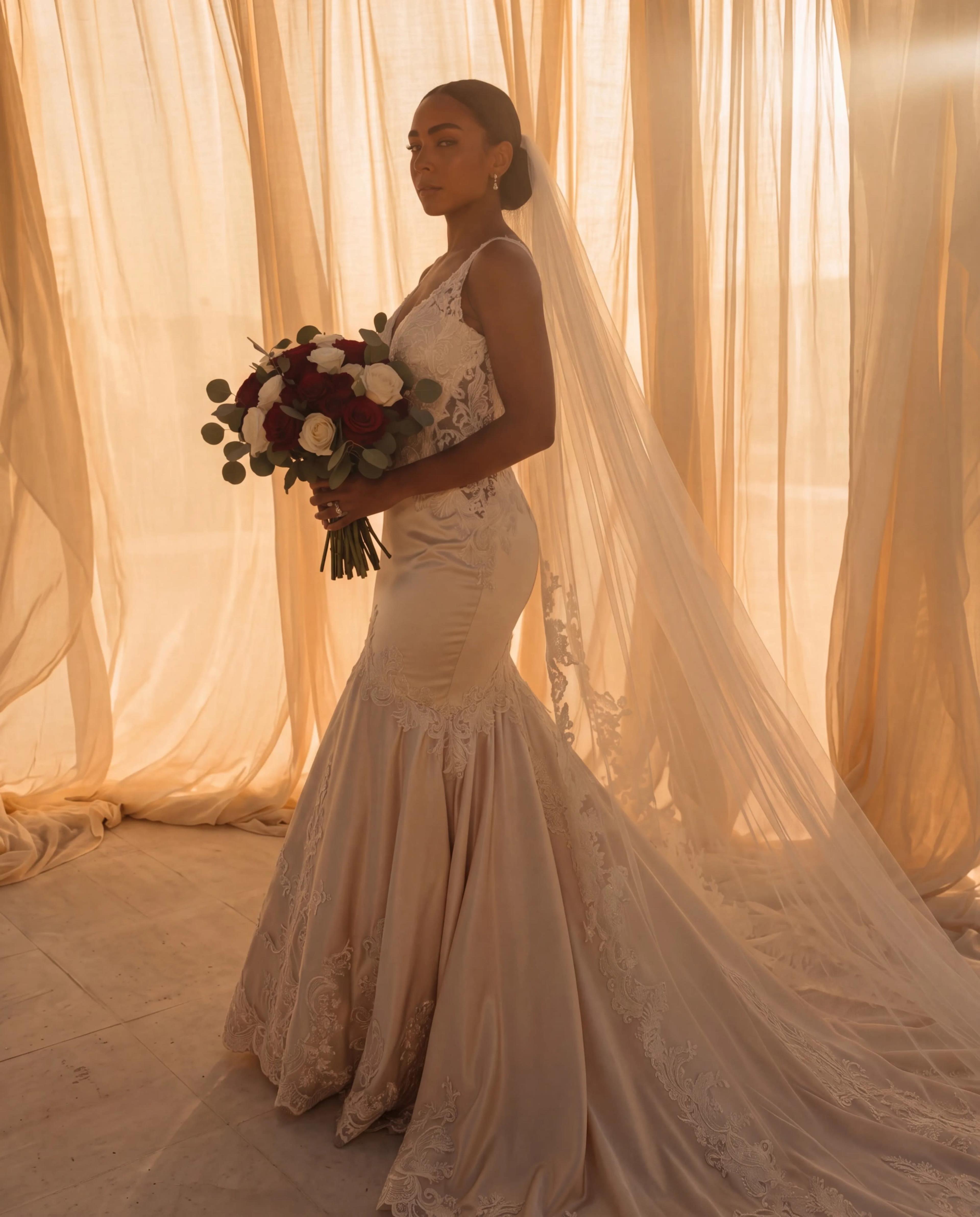 A woman in a wedding dress holds a bouquet of roses while standing in front of flowing, sheer fabric.