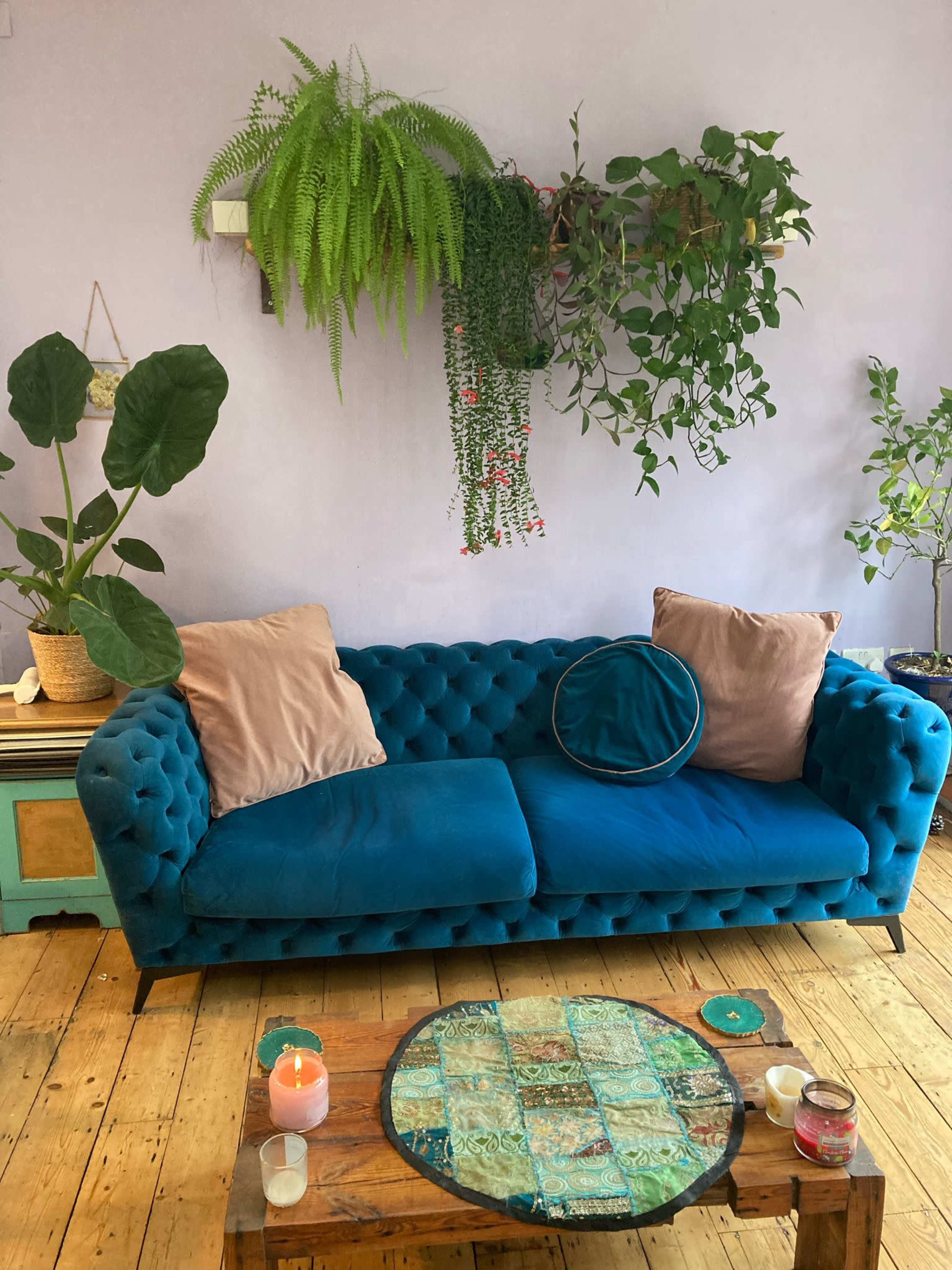 A teal tufted sofa with two cushions sits in front of a round decorative table, surrounded by various potted plants against a pale purple wall.