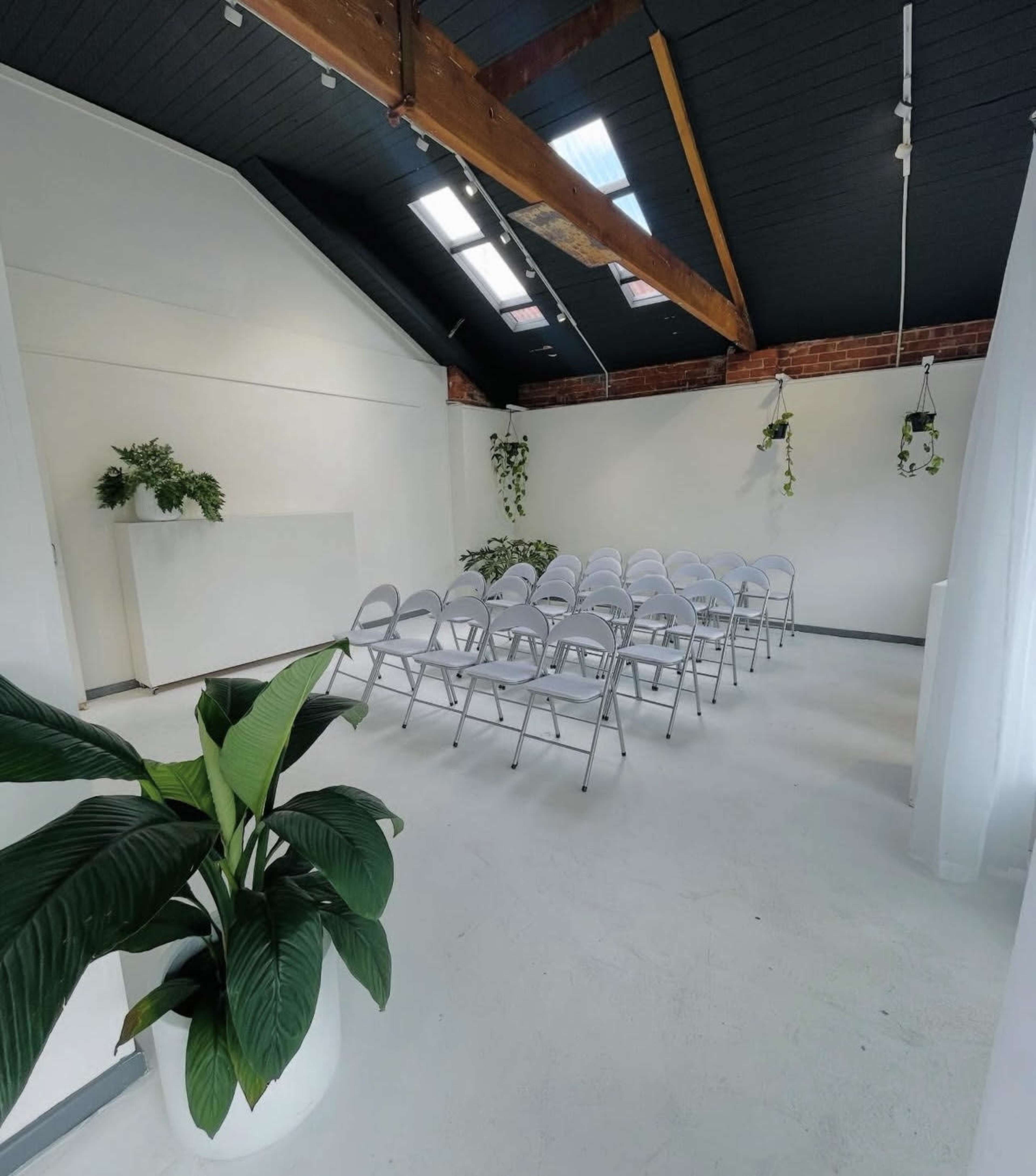 The image shows a clean, white room with folding chairs arranged in rows, a large plant in a pot, and skylights above.