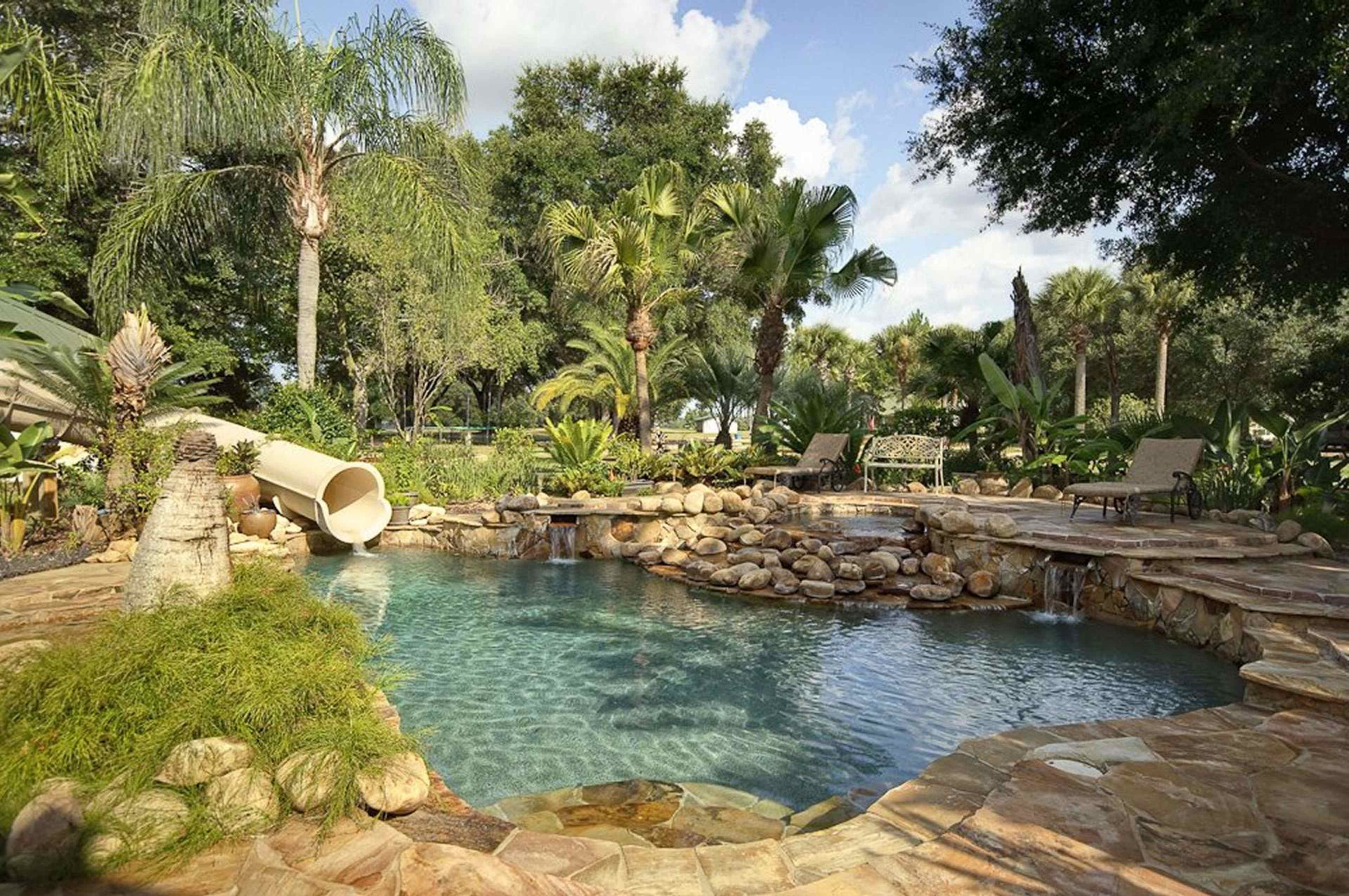 A landscaped pool area features a rock slide, tropical plants, and palm trees under a blue sky.