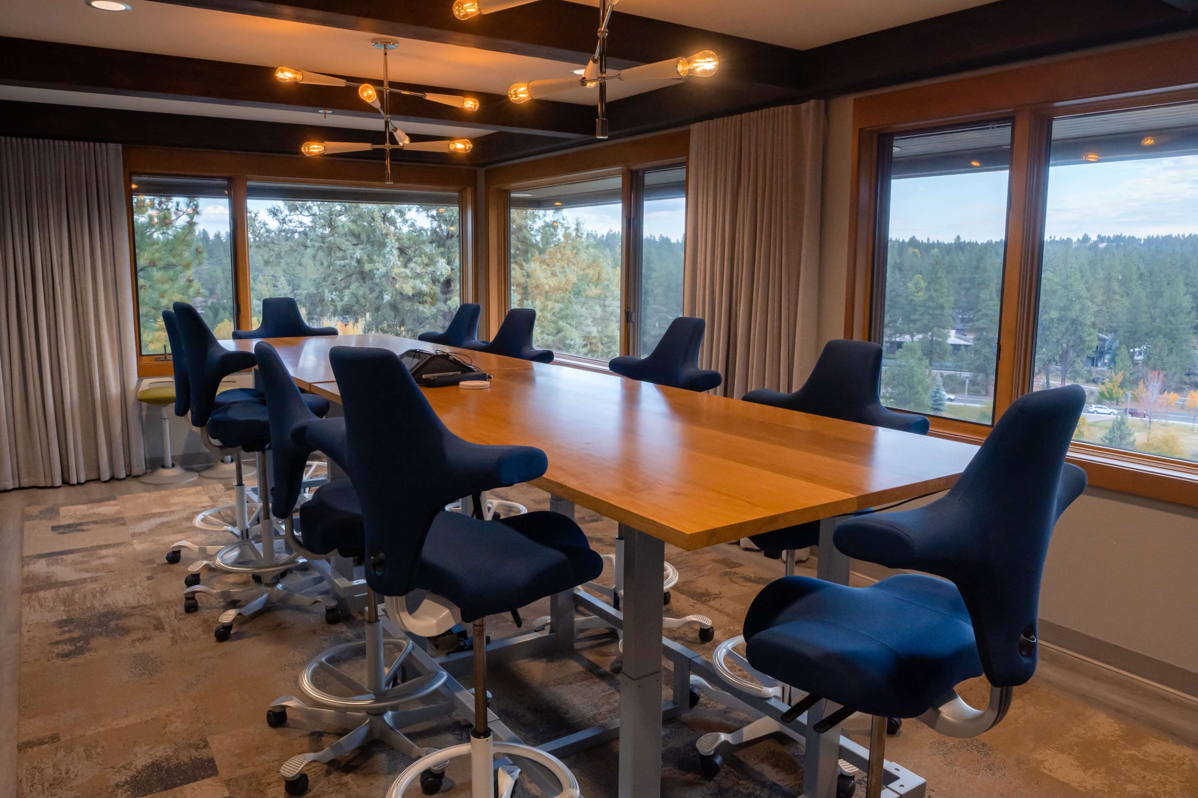 A modern conference room features a large wooden table surrounded by high-backed blue chairs and large windows overlooking a forested area.