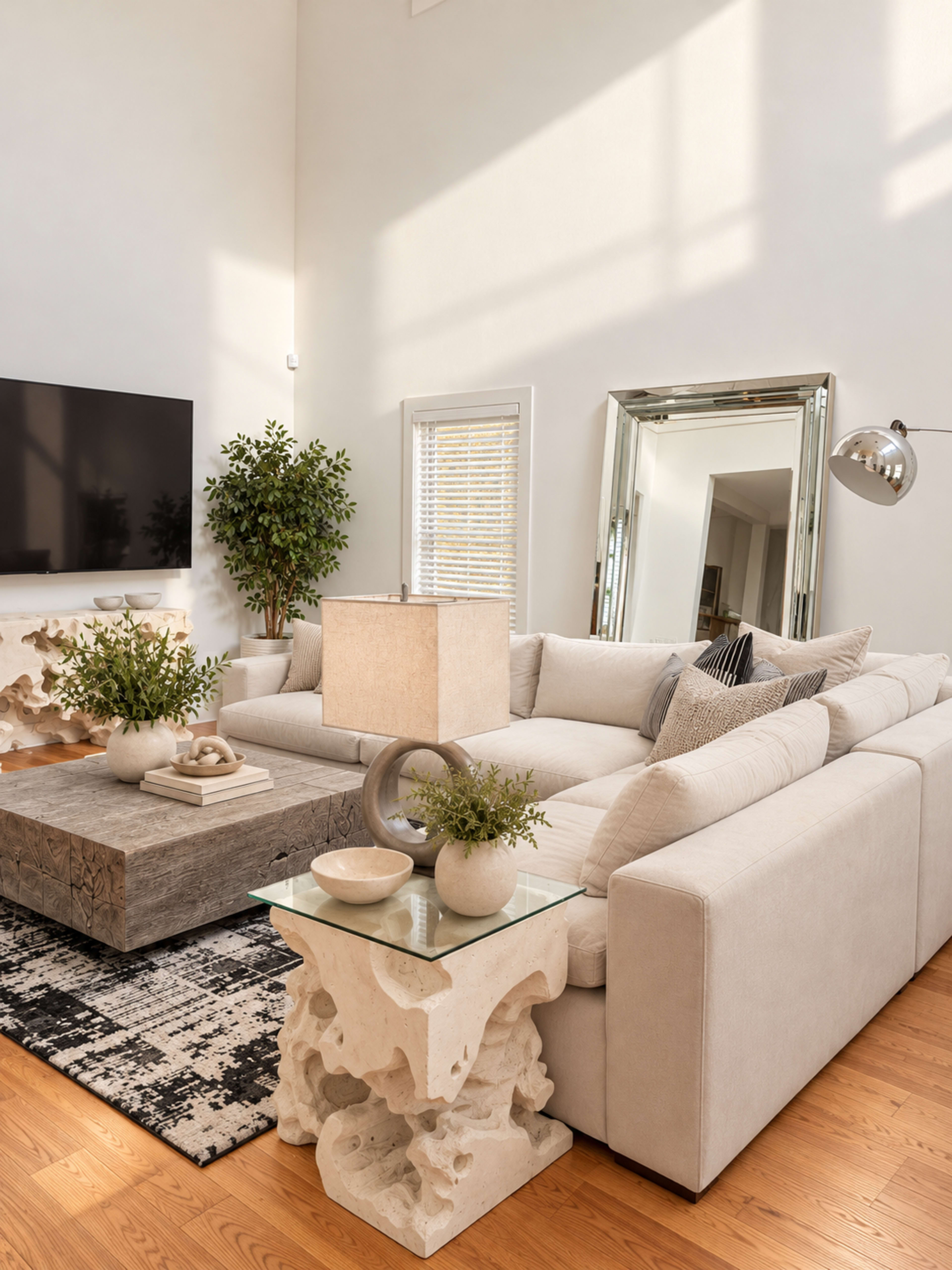 The image depicts a modern living room featuring a light-colored sectional sofa, a coffee table with an organic design, and a decorative lamp on a glass side table surrounded by natural light.