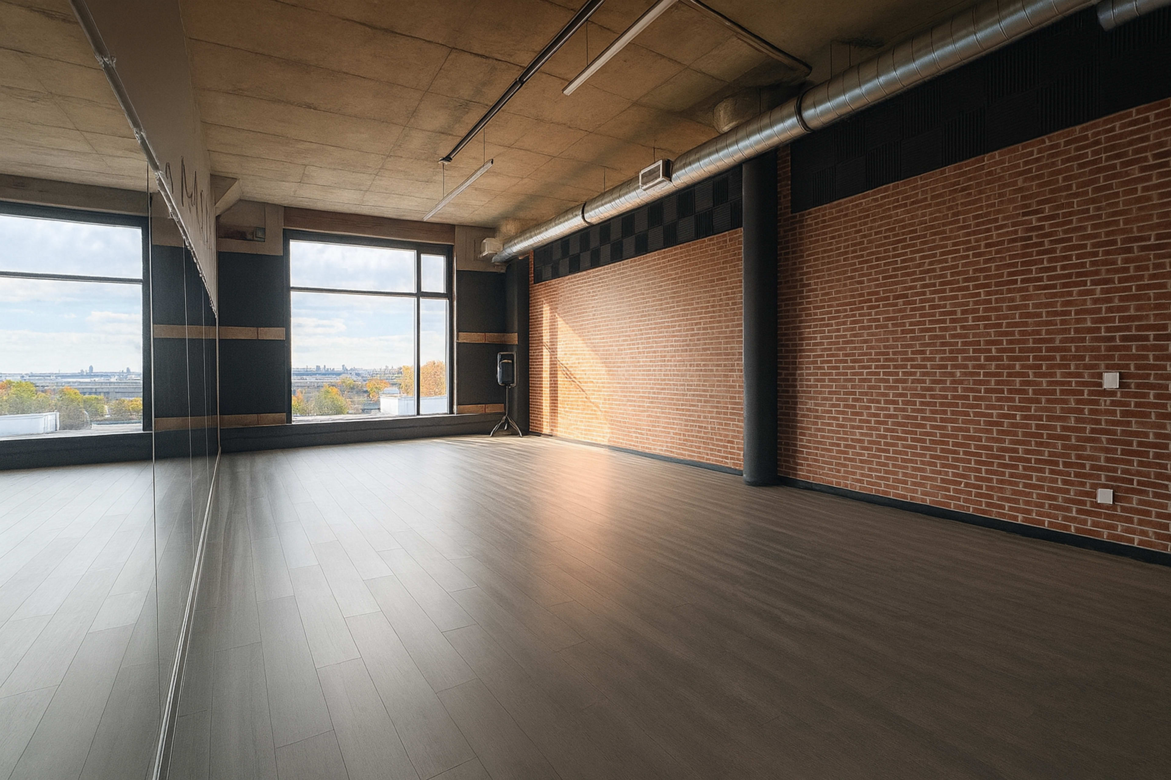 The image shows an empty studio space with large windows, hardwood flooring, and exposed brick walls.