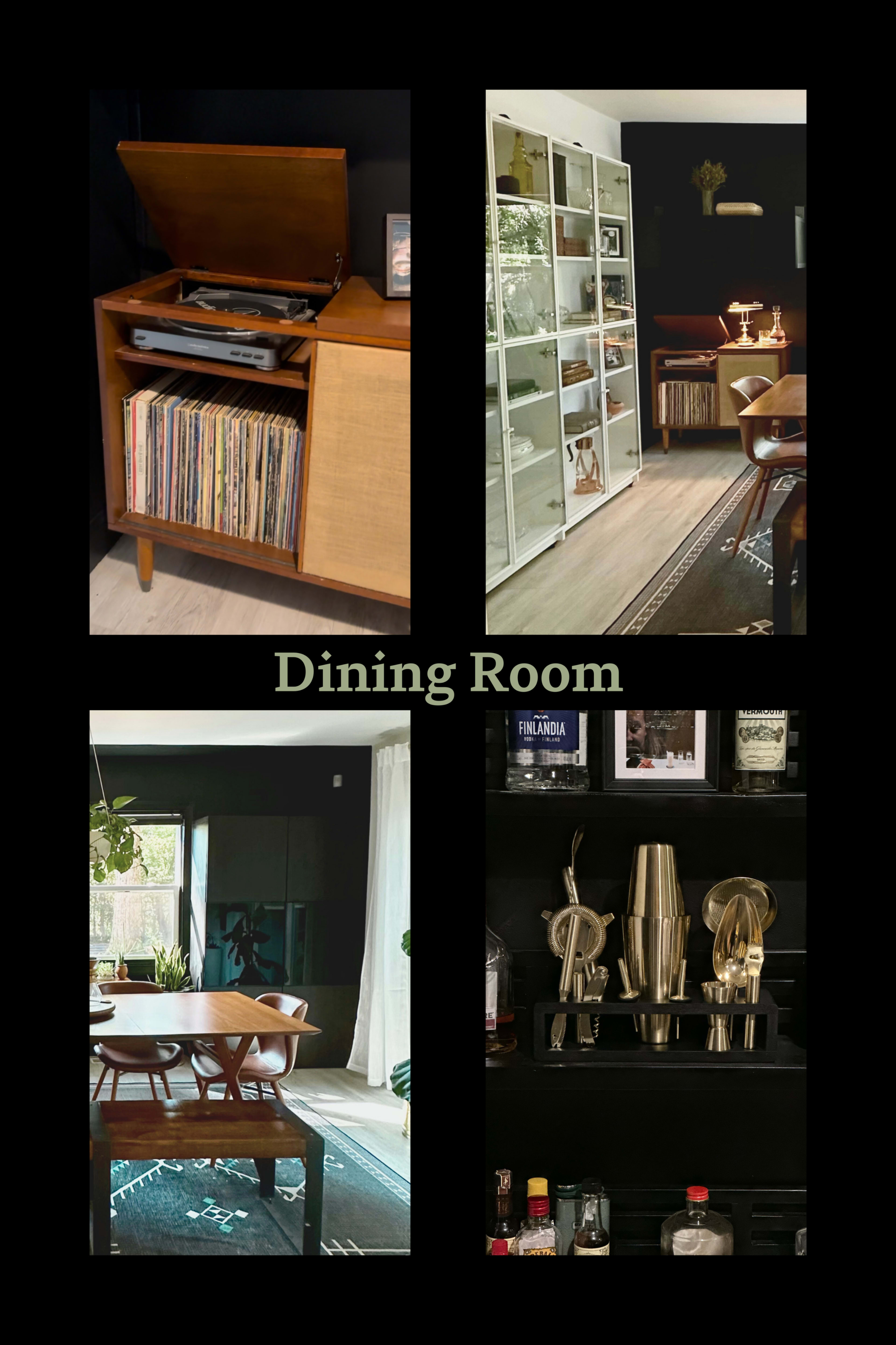 The image showcases a dining room with mid-century furniture, a record player, a collection of vinyl records, glass cabinets displaying items, and a bar area with cocktail tools.