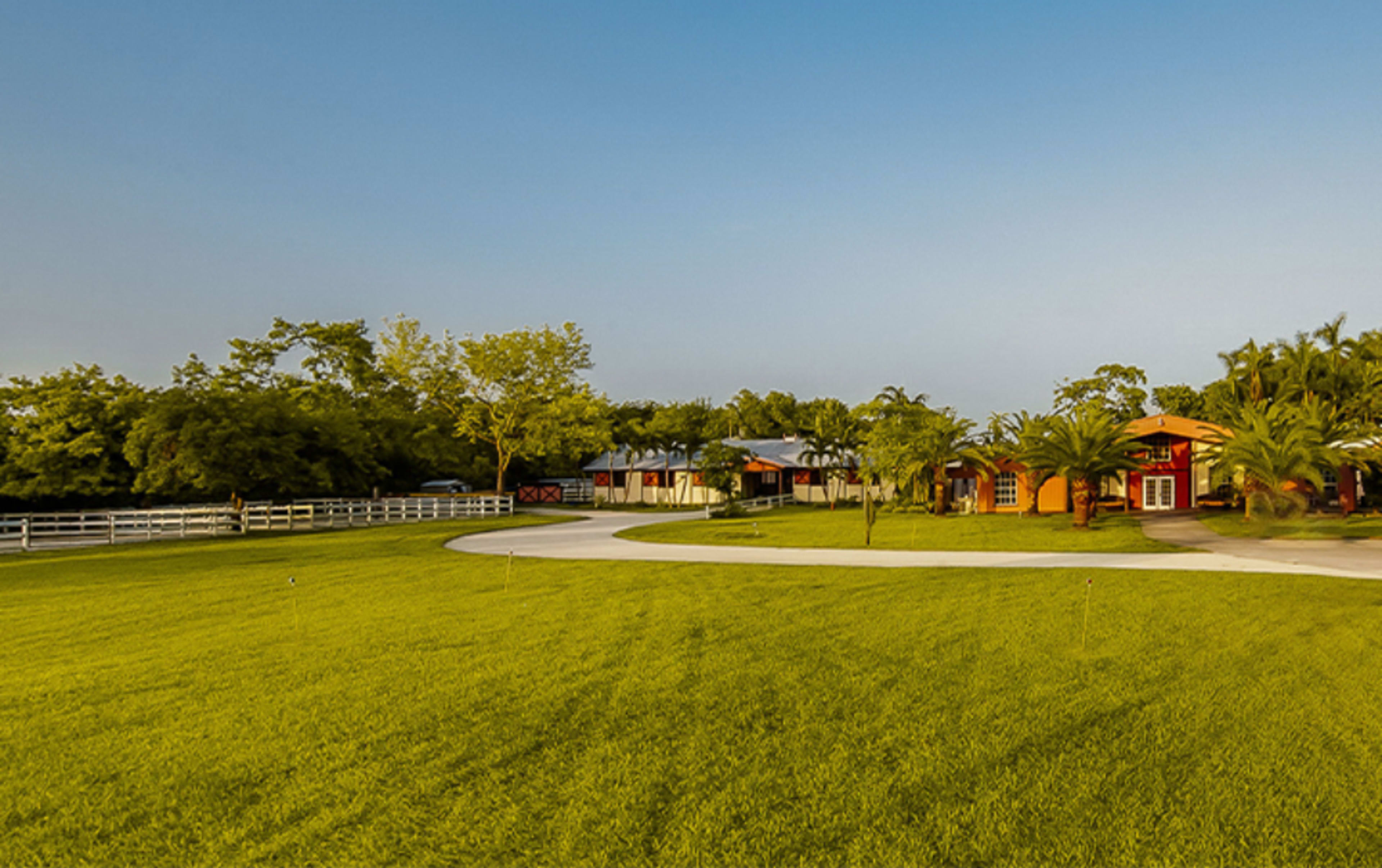 The image shows a large, grassy area with a circular driveway and several buildings surrounded by trees and palm plants.