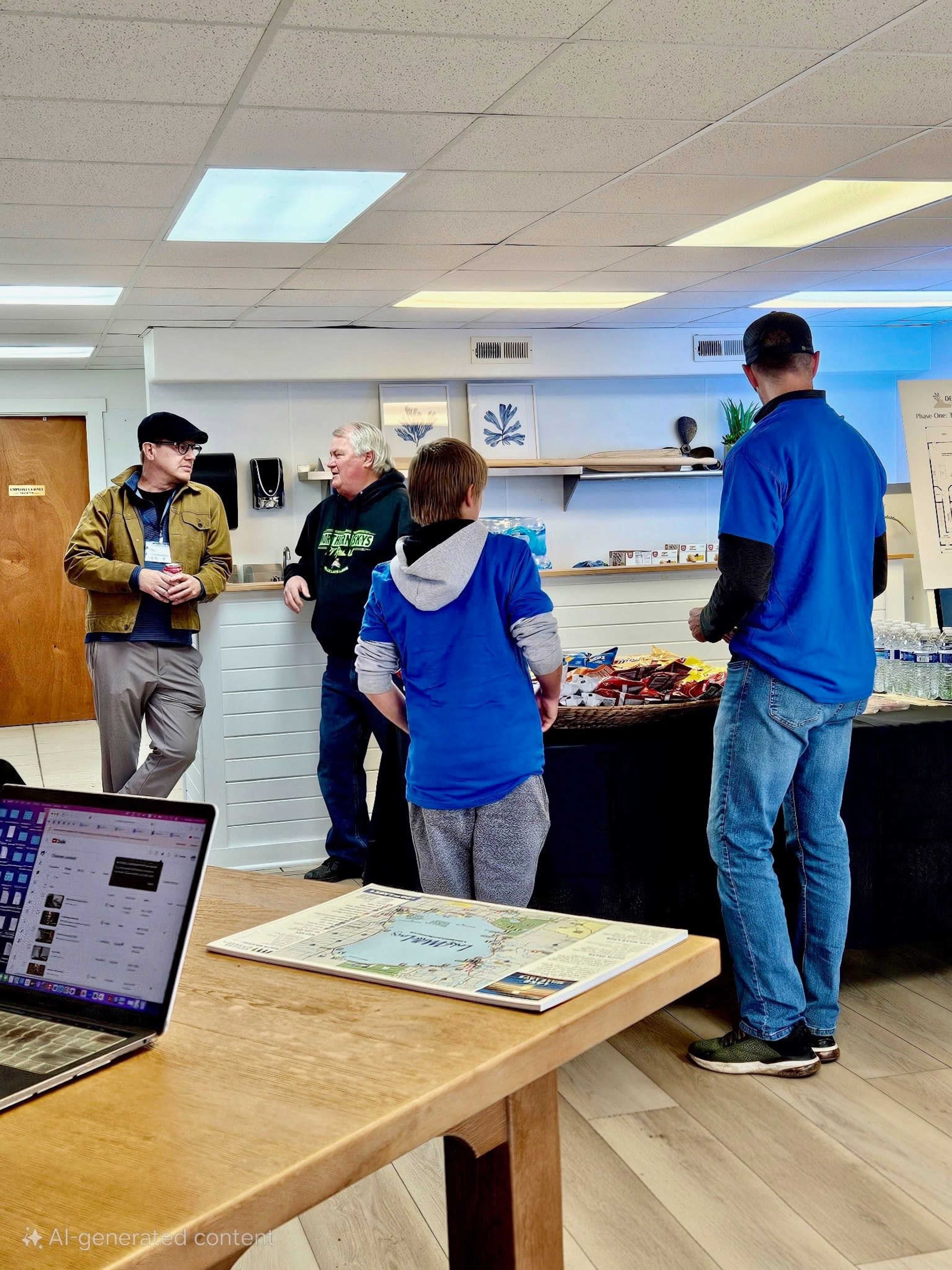 Four individuals are engaged in conversation inside a bright room with a display table and a laptop on a wooden table.