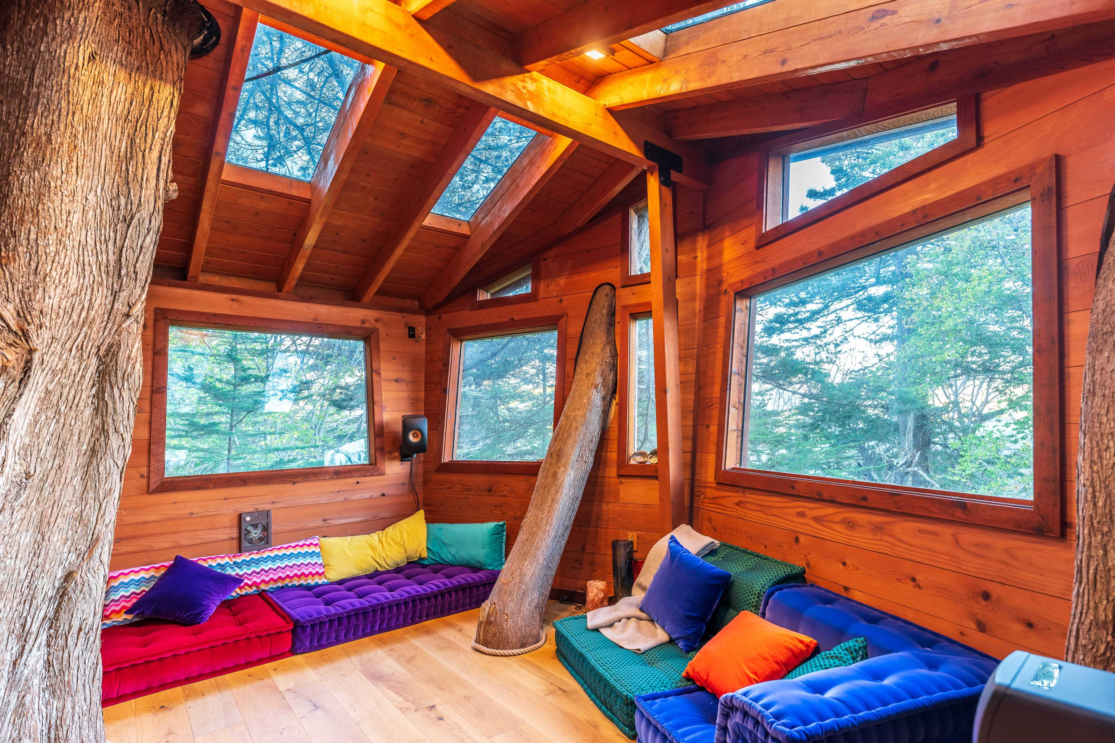 The interior of a wooden cabin features colorful sofas, large windows, and exposed beams, providing a view of the surrounding trees.