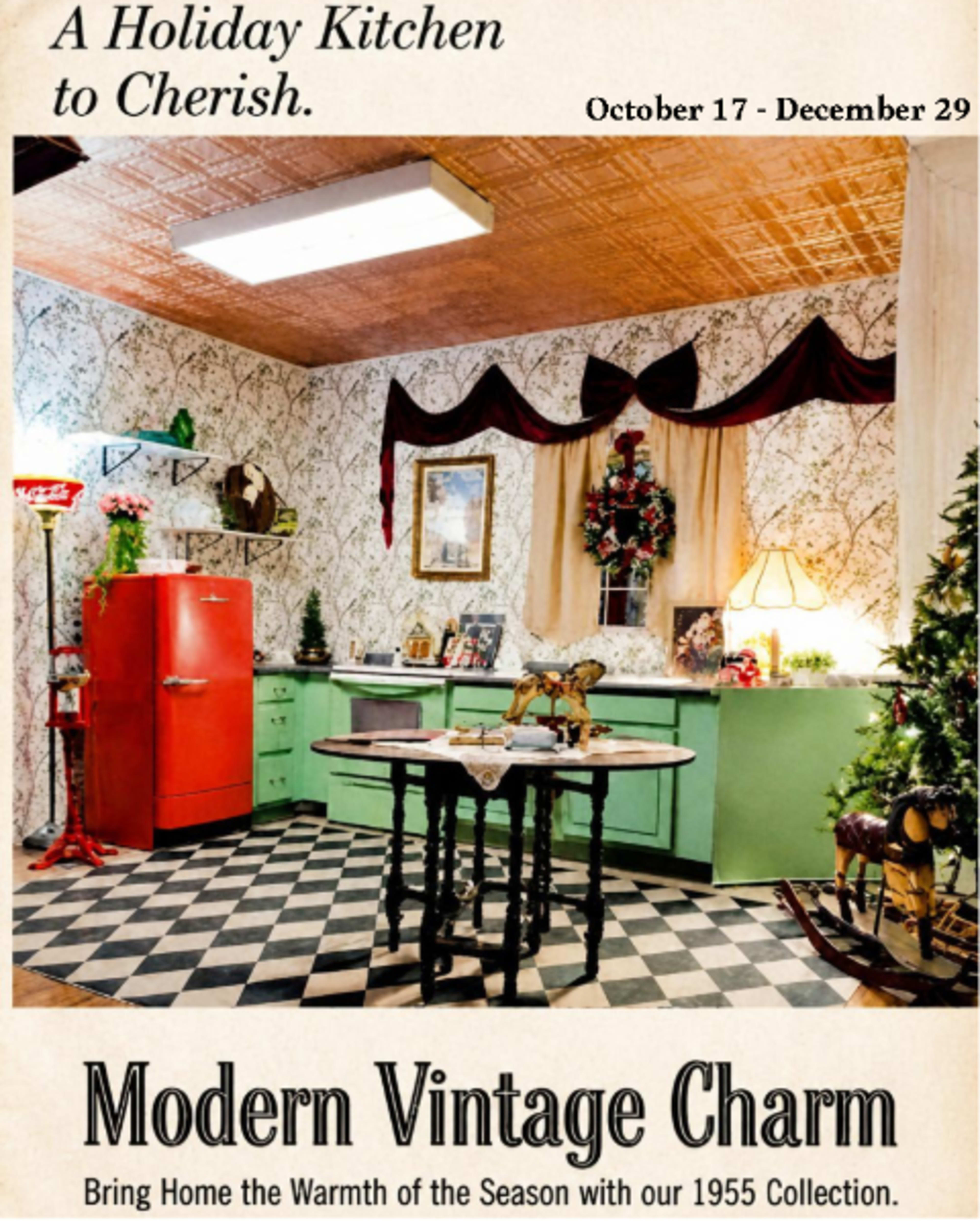The image showcases a vintage-style kitchen decorated for the holidays, featuring a checkered floor, green cabinetry, and festive decorations including a Christmas tree and garlands.