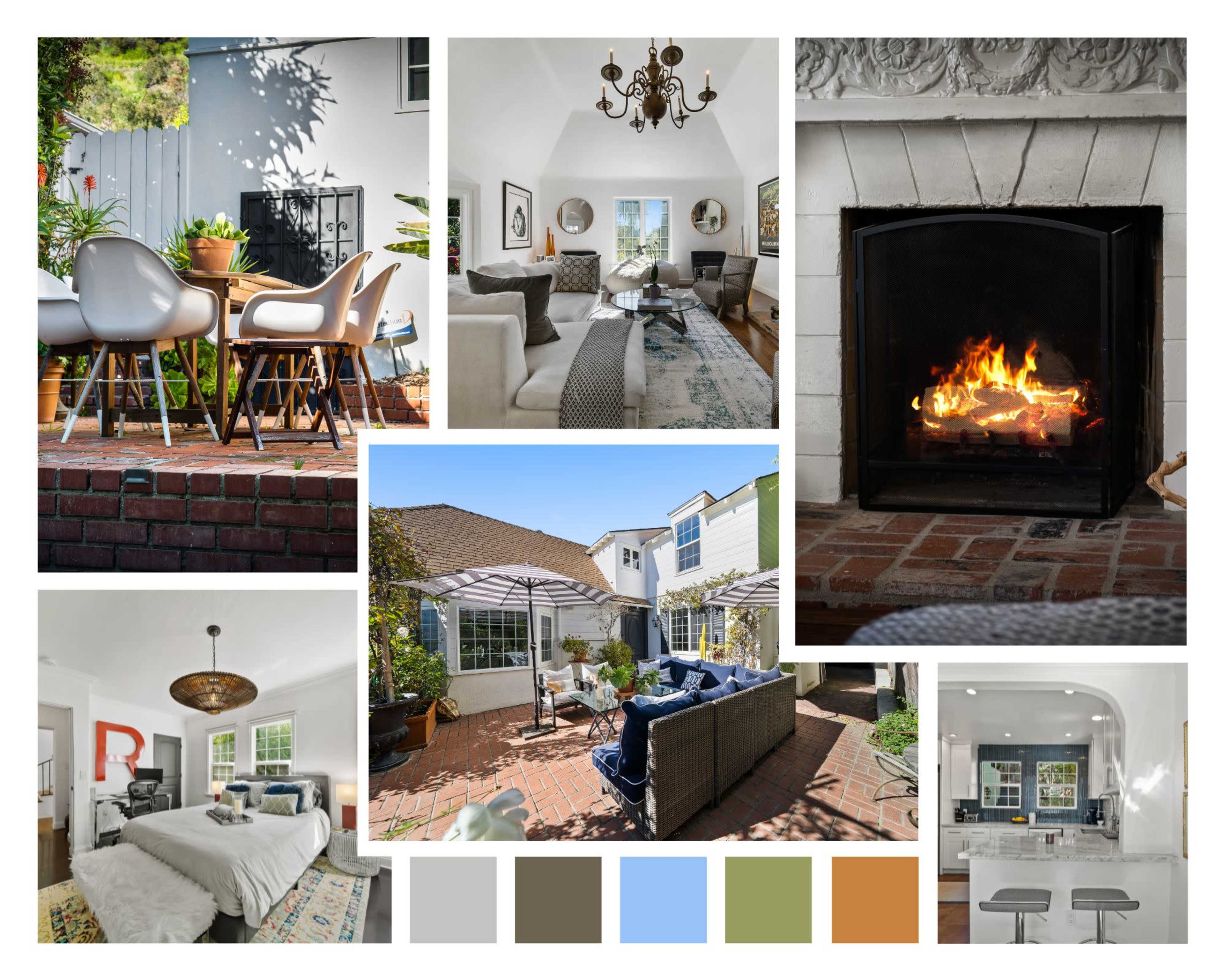 The image showcases a collage of indoor and outdoor living spaces featuring a cozy fireplace, a dining area with modern seating, a well-furnished patio, a stylish bedroom, and a contemporary kitchen.