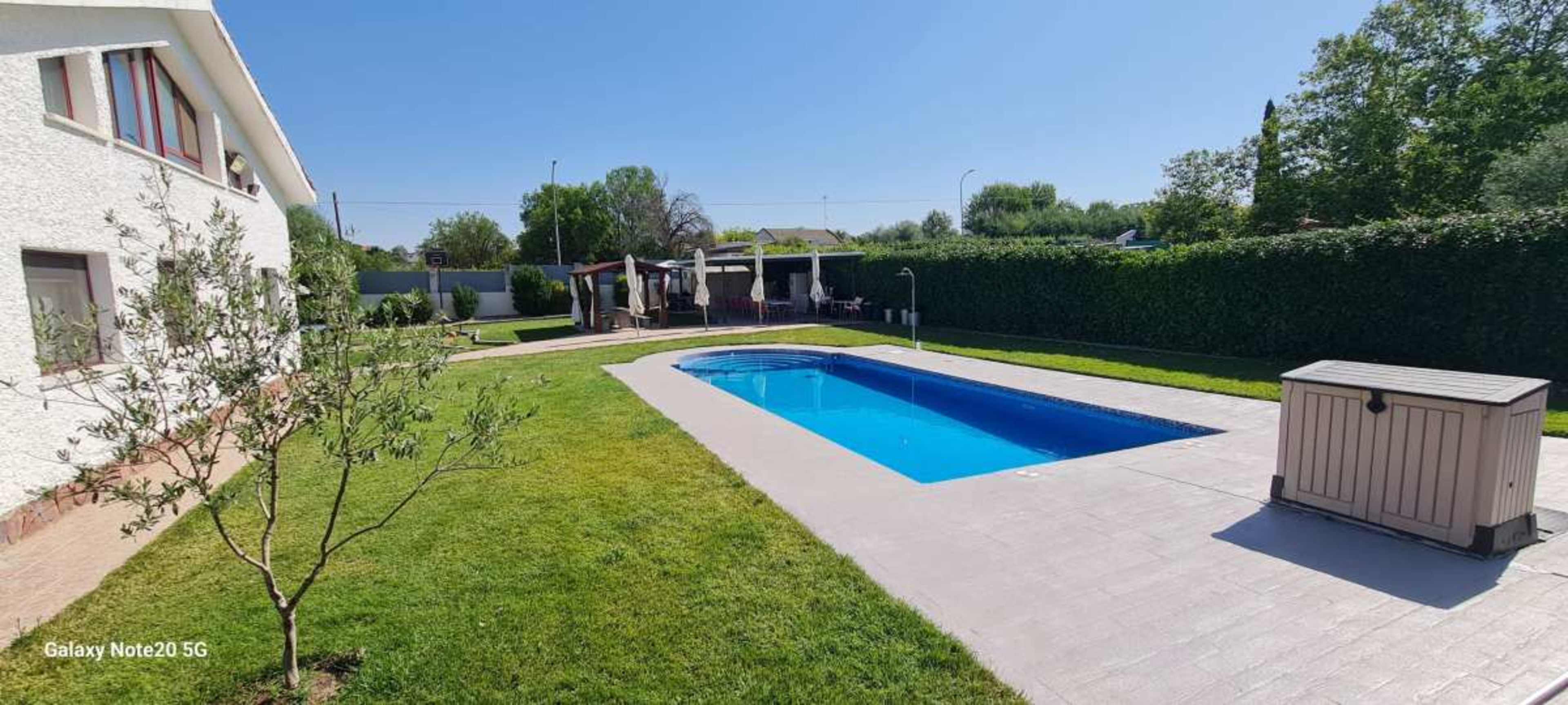 The image shows a backyard with a swimming pool, a small storage shed, and neatly trimmed grass surrounded by hedges and trees.