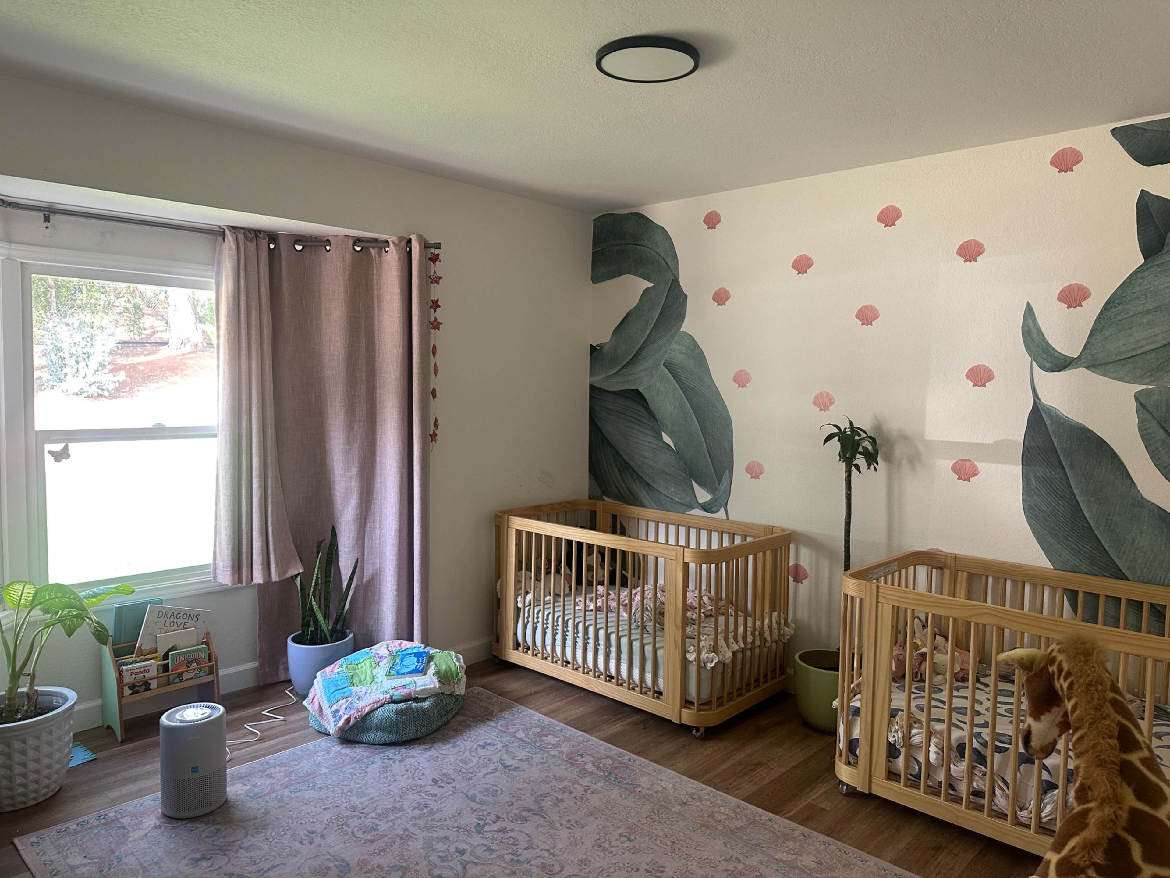 The image shows a nursery with two wooden cribs, a large window with sheer curtains, a potted plant, and a patterned rug on the wooden floor.