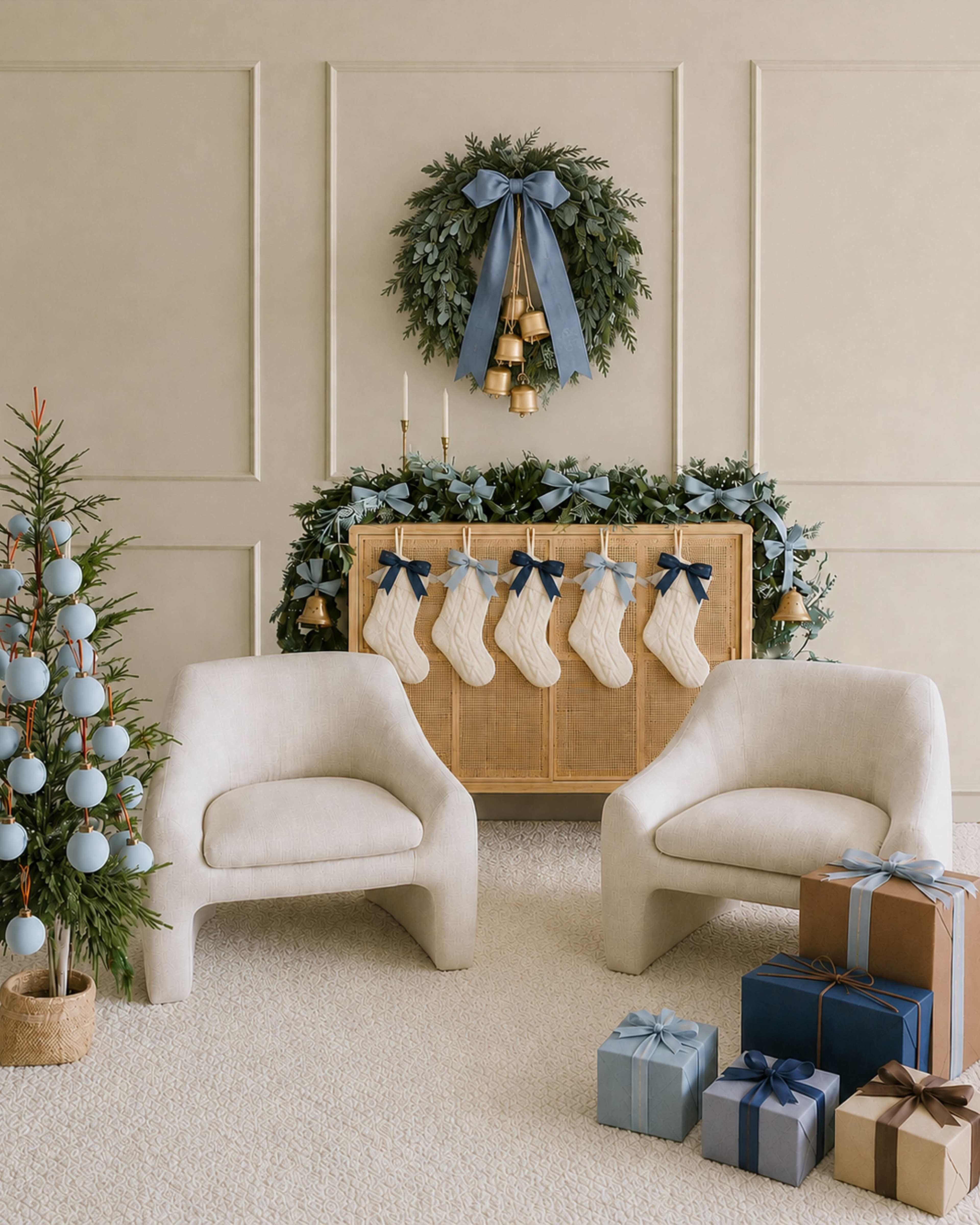 A decorated holiday scene features a wall-mounted wreath above a console table, adorned with stockings and surrounded by decorative gifts and a small evergreen tree.