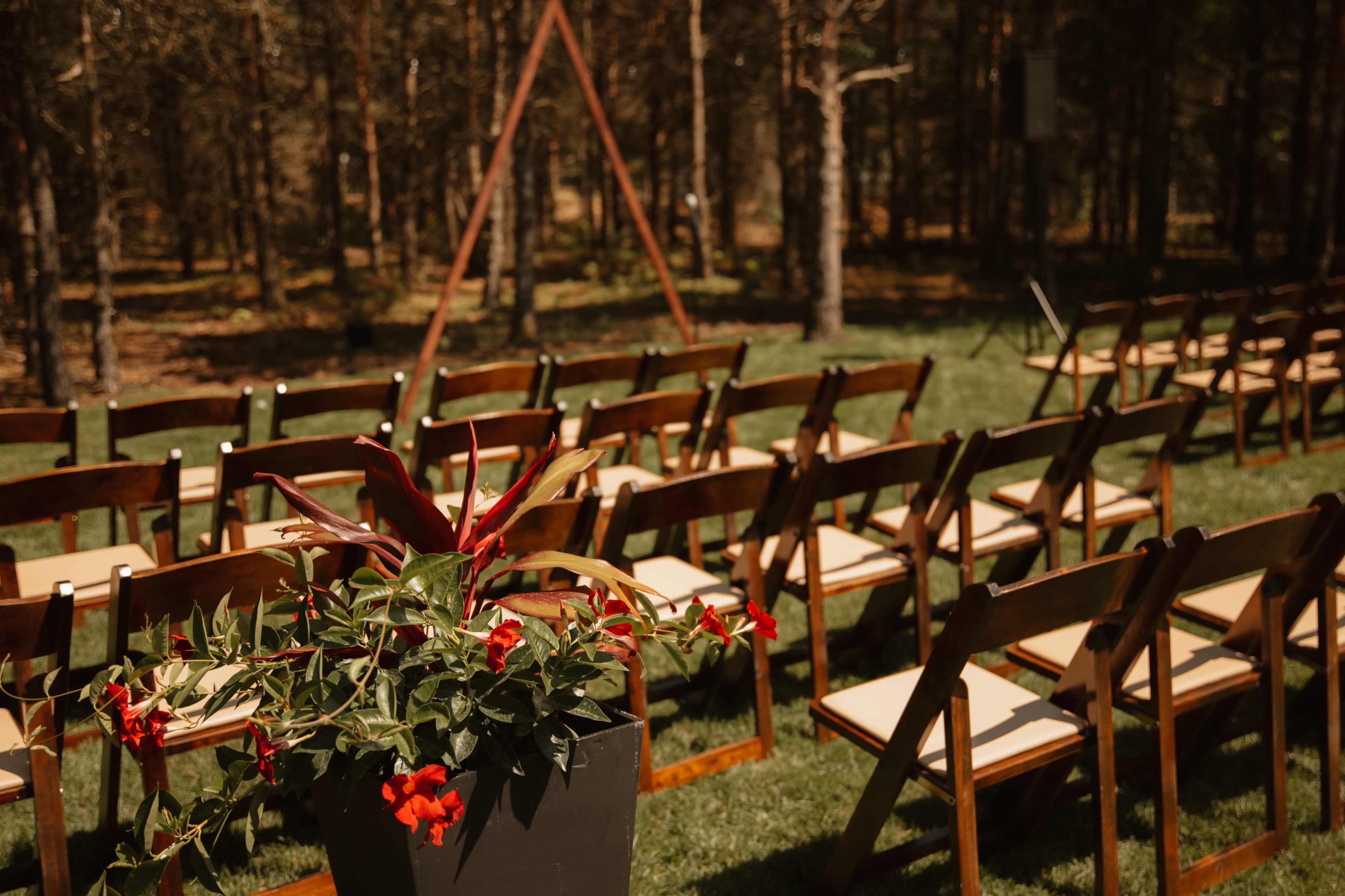 A row of wooden chairs is set up for an outdoor ceremony in a wooded area, with a planter of red flowers in the foreground.