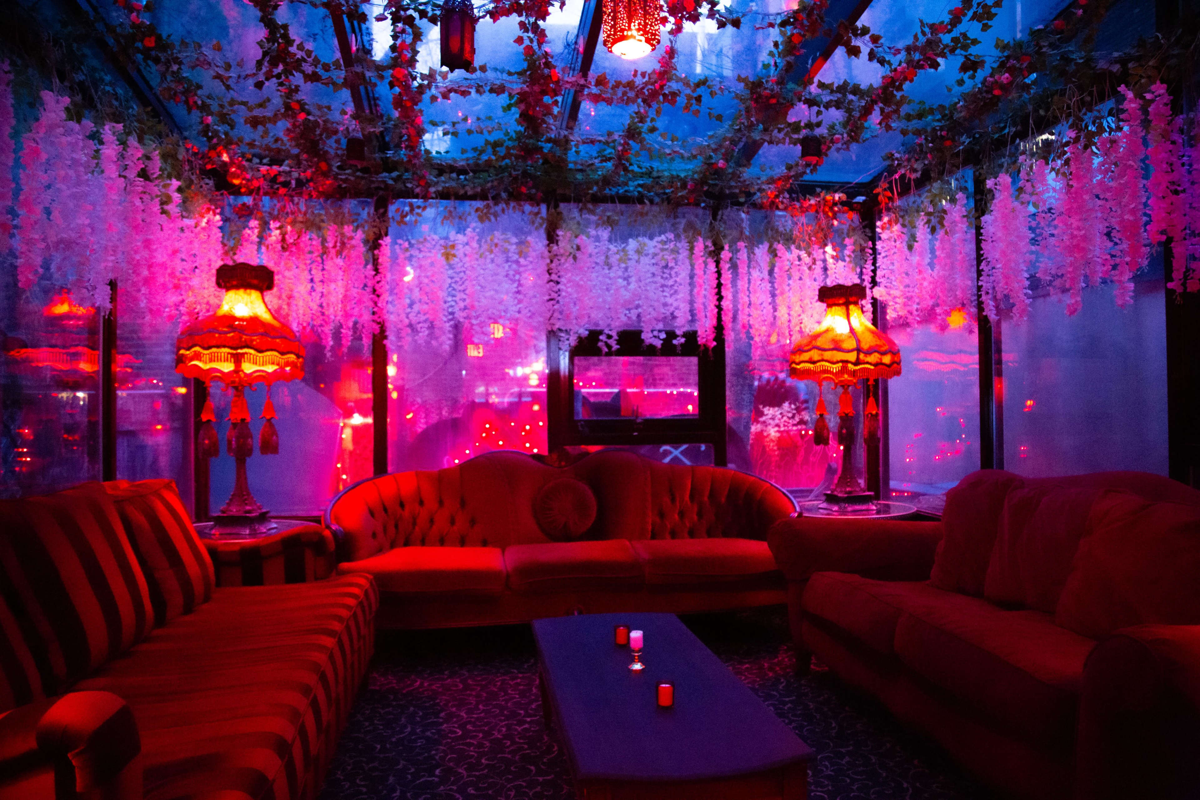 The image shows a cozy lounge area with red couches, soft lighting from two lamps, and decorative hanging flowers under a glass ceiling.