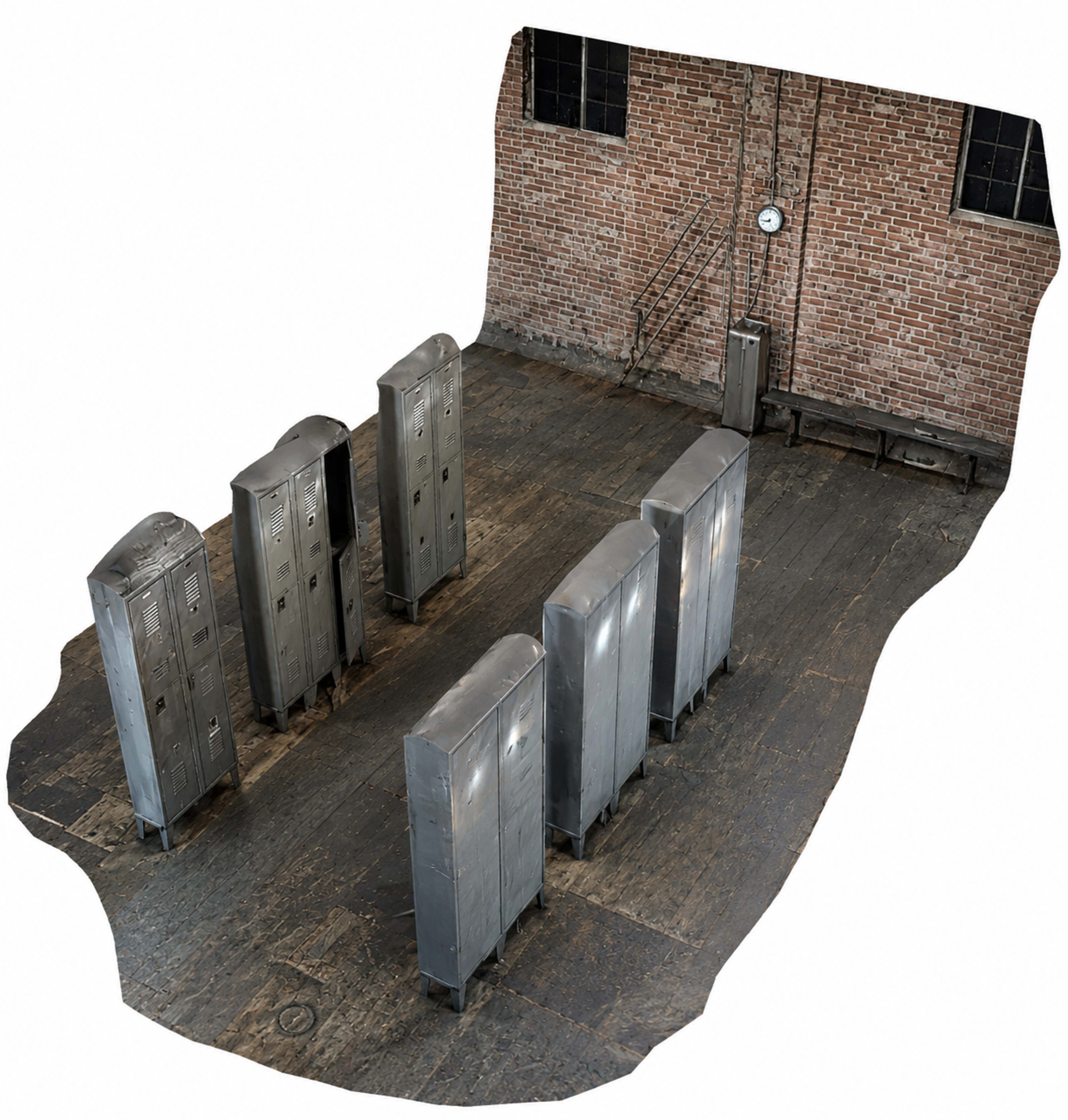 The image shows a series of metallic lockers arranged in a row on a wooden floor, with a brick wall and a clock visible in the background.
